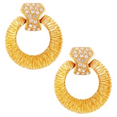 Gilt Textured Door Knocker Earrings With Crystal Pavé By Givenchy, 1980s