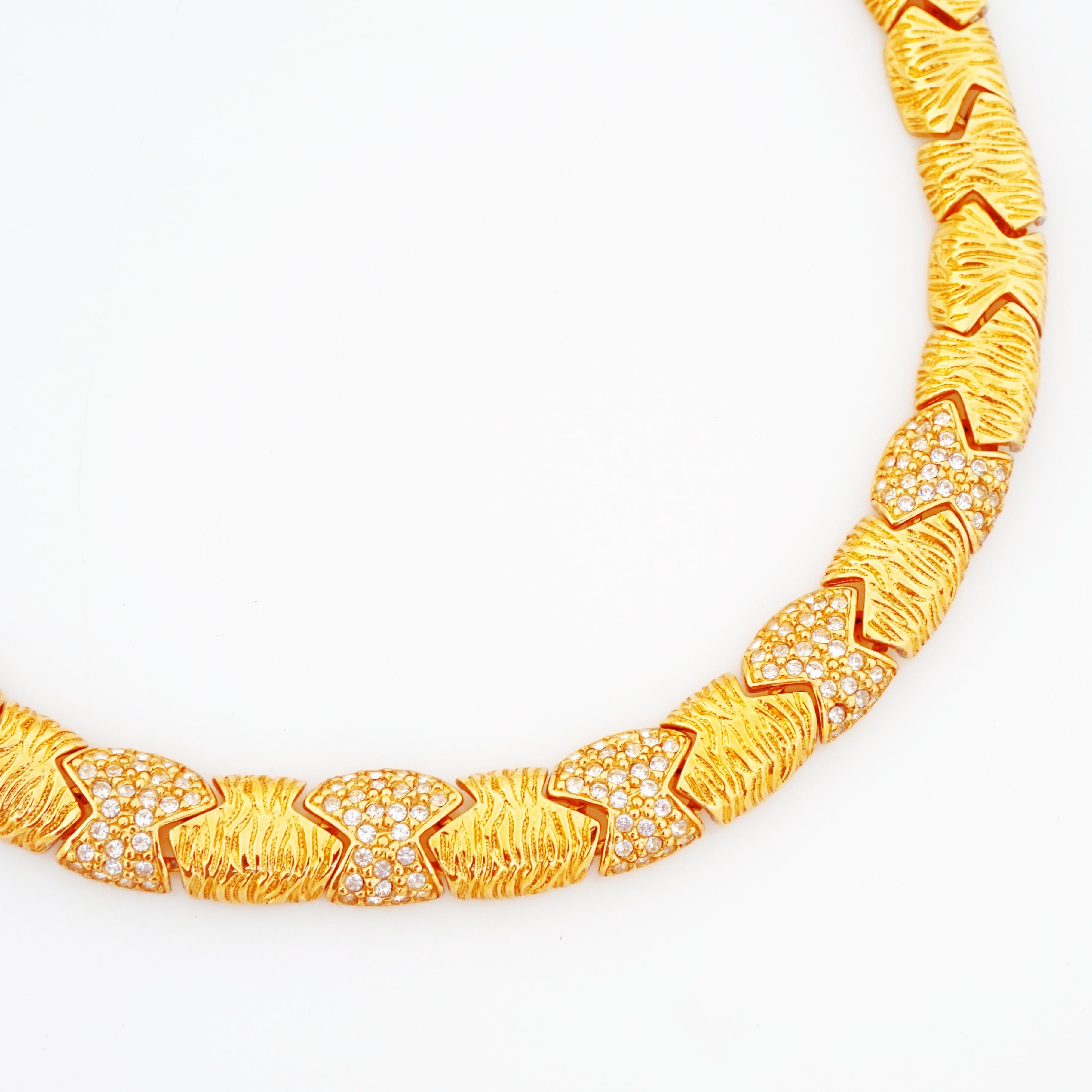 Modern Gilt Textured Link Choker Necklace With Crystal Pavé By Givenchy, 1980s