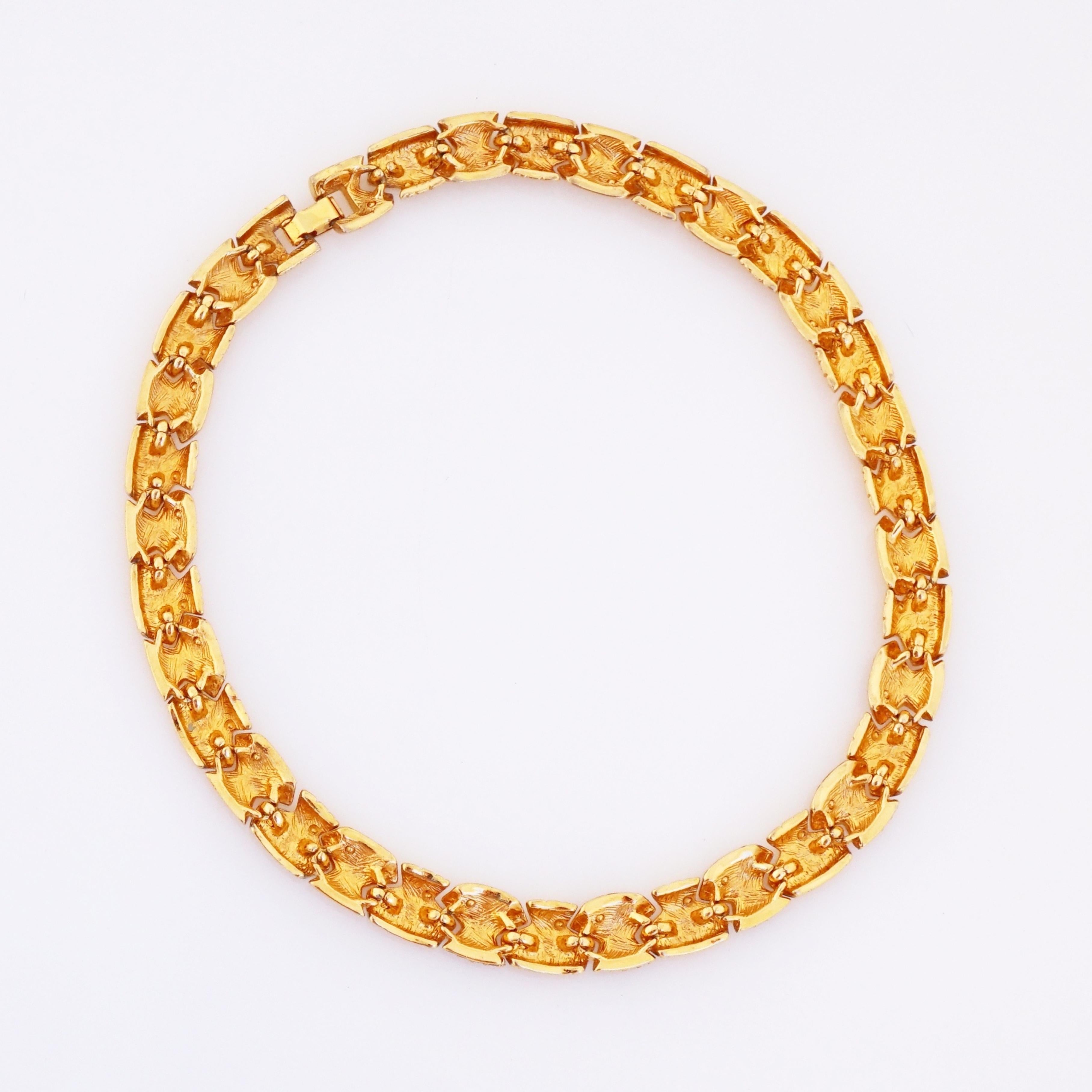 Women's Gilt Textured Link Choker Necklace With Crystal Pavé By Givenchy, 1980s