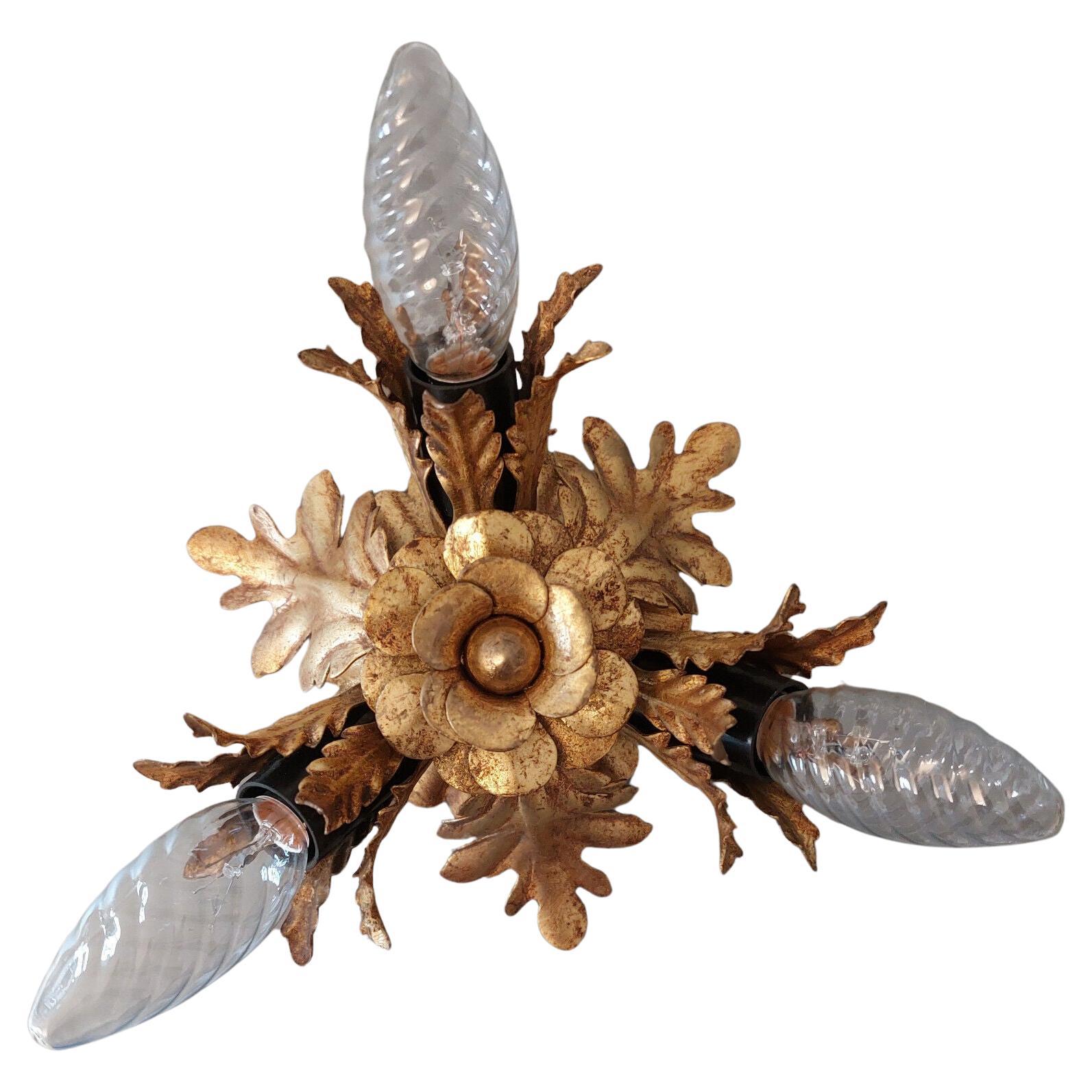 Vergoldete drei Lichter Banci Firenze Florentine Flush Mount Tole Toleware Italien 1960s