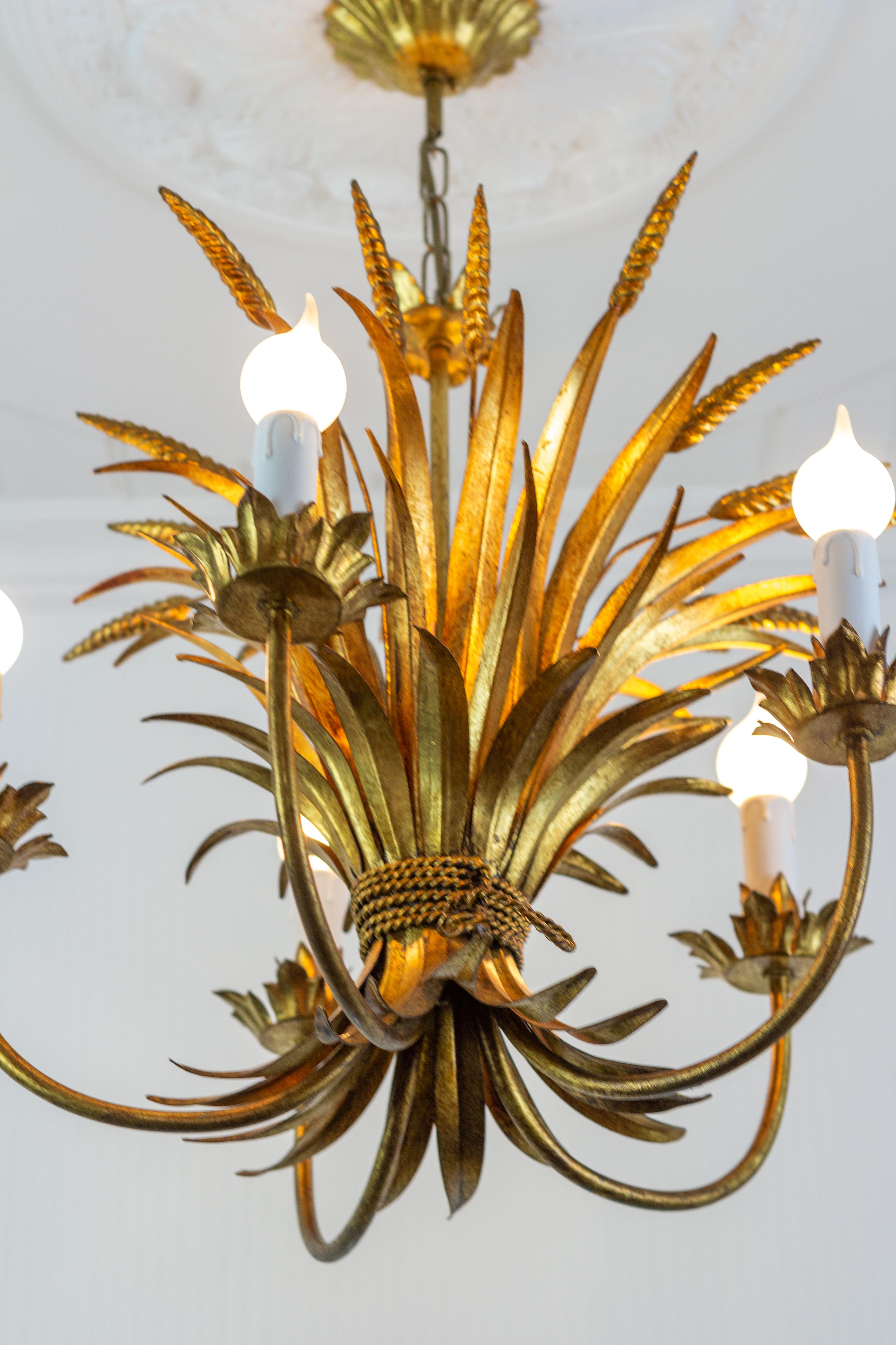 Gilt Tole Five-Light Chandelier Wheat Sheaf by Hans Kögl, Germany, 1970s 9