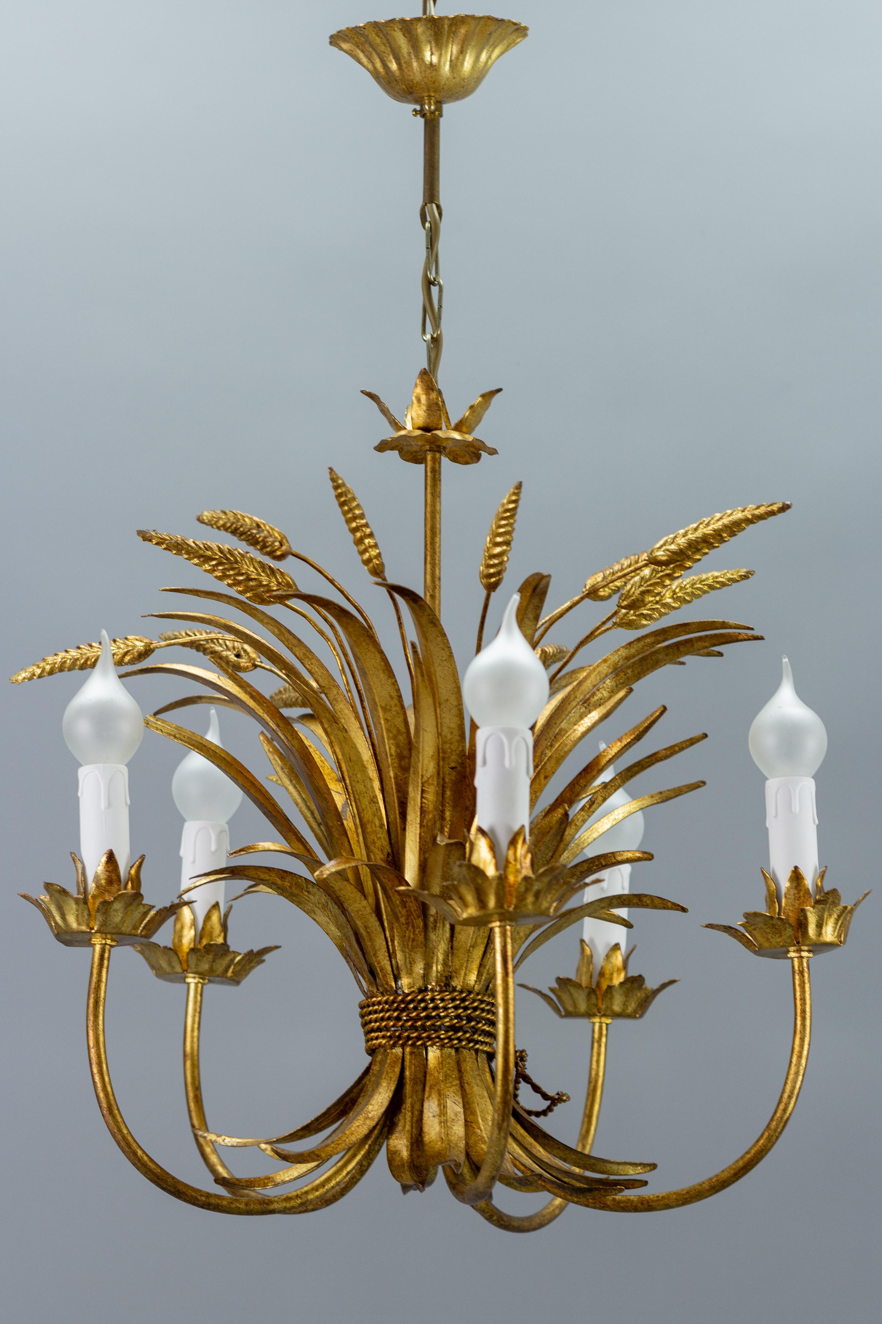 Hollywood Regency Gilt Tole Five-Light Chandelier Wheat Sheaf by Hans Kögl, Germany, 1970s