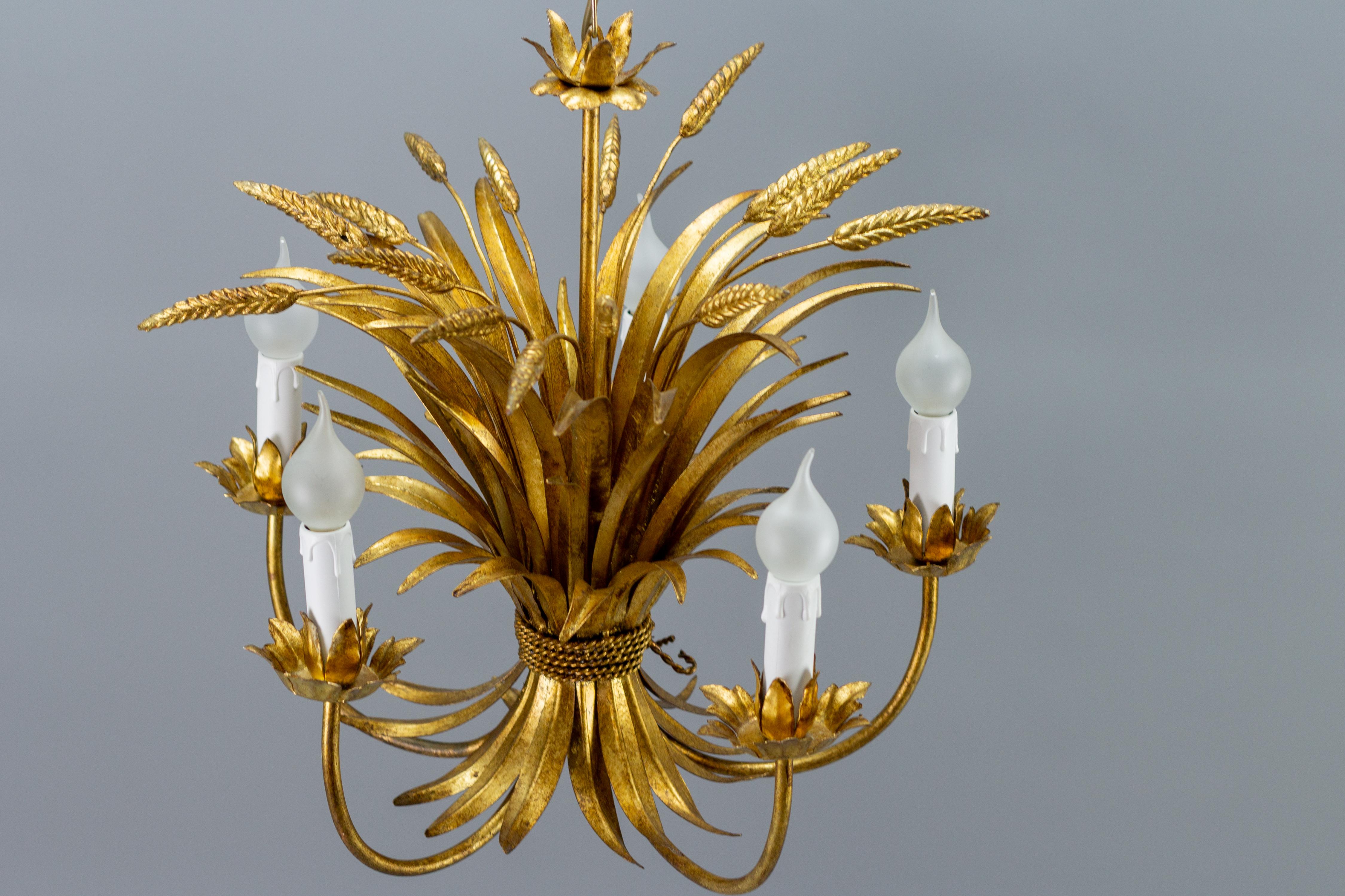 Late 20th Century Gilt Tole Five-Light Chandelier Wheat Sheaf by Hans Kögl, Germany, 1970s