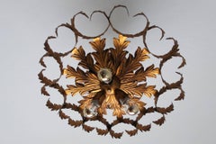 Gilt Tole Flush Mount Chandelier Nice Patina, 1950s-1960s