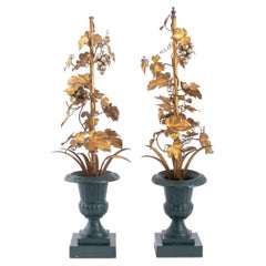 Gilt Tole Grape Vines in Stoneware Urns, Pair