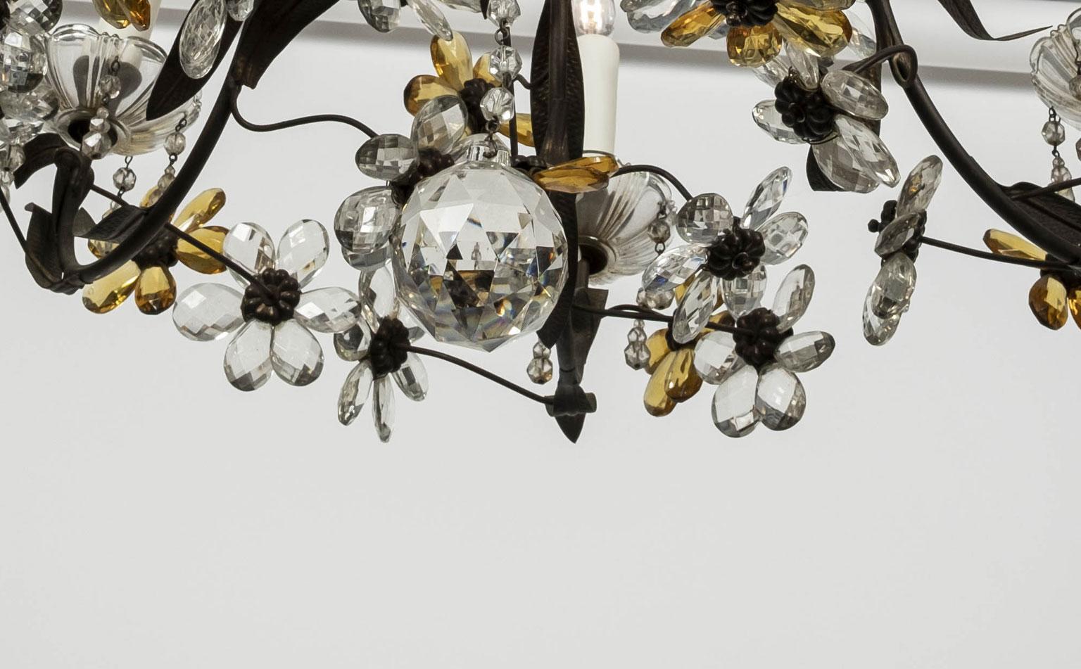 Gilt Tole Italian Chandelier Decorated in Clear and Amber Crystal Flowers In Fair Condition For Sale In Houston, TX