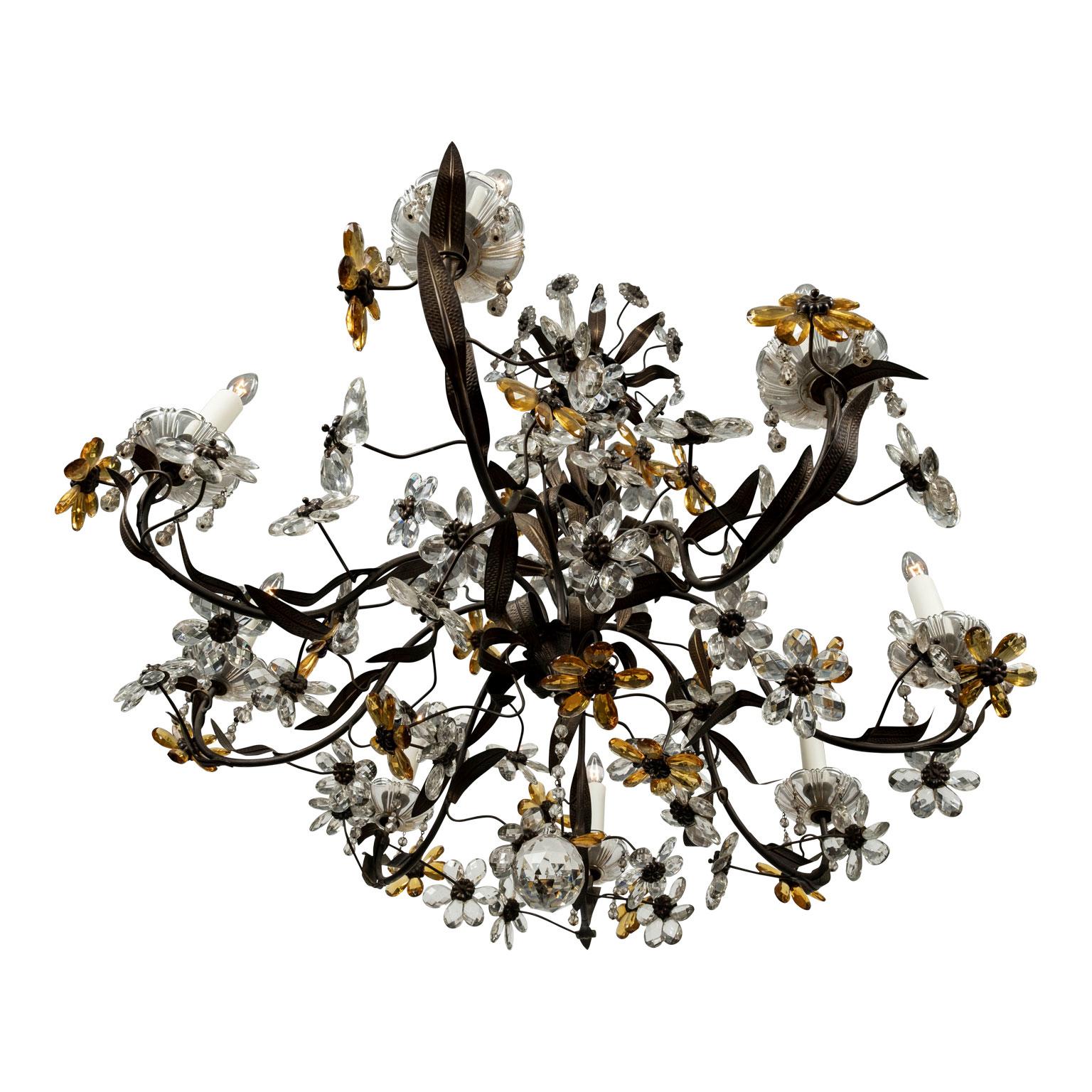 Brass Gilt Tole Italian Chandelier Decorated in Clear and Amber Crystal Flowers For Sale