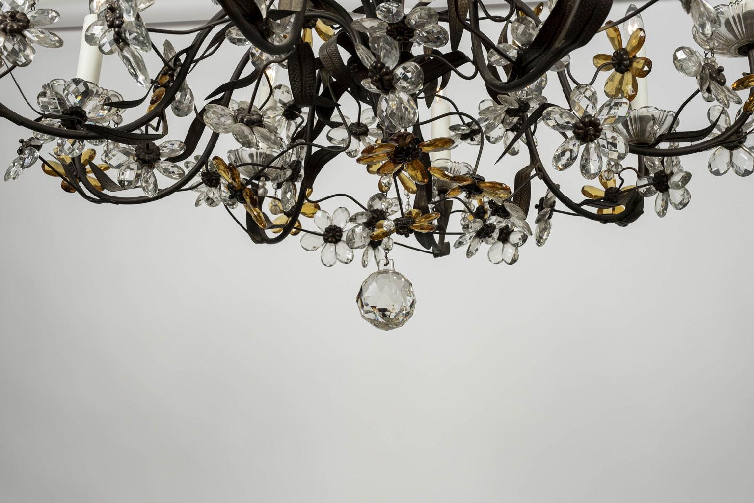 Gilt Tole Italian Chandelier Decorated in Clear and Amber Crystal Flowers 1