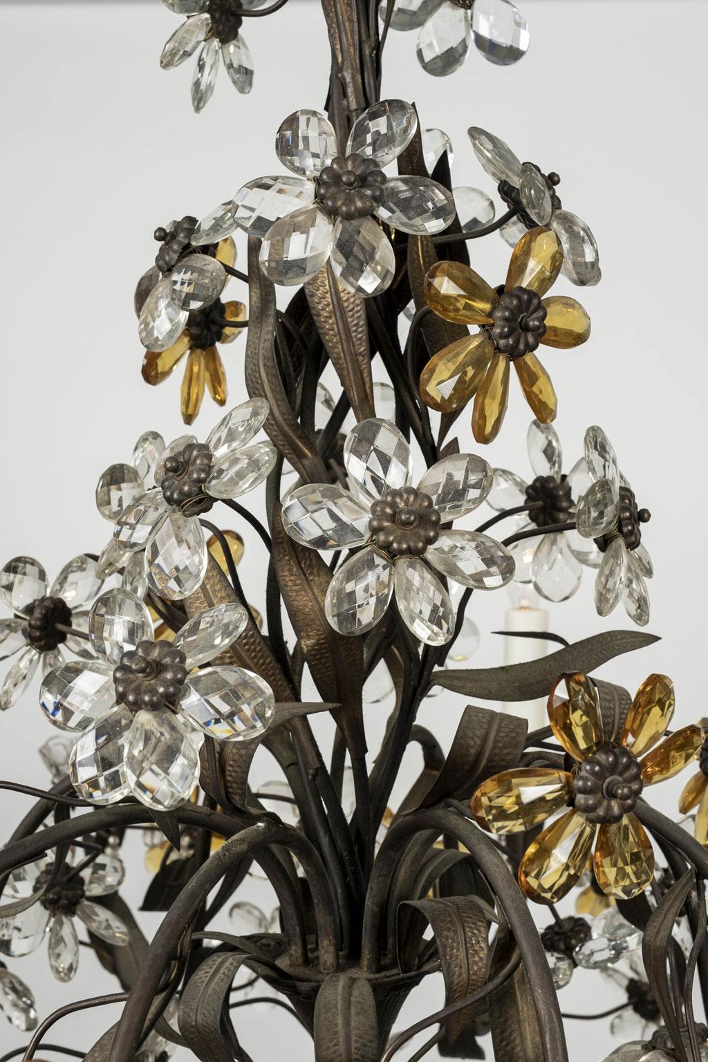 Gilt Tole Italian Chandelier Decorated in Clear and Amber Crystal Flowers For Sale 3