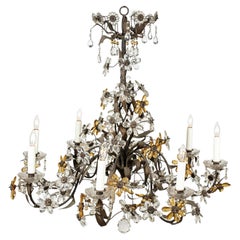 Vintage Gilt Tole Italian Chandelier Decorated in Clear and Amber Crystal Flowers