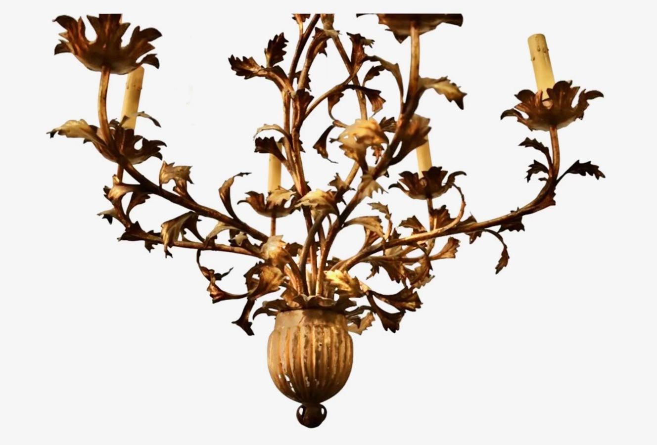 This is an uncommon form of early 20th century gilt tole chandelier that features a hand-carved and gold leafed urn from which emanate three upward scrolling leafy vines and six leafy vine candle holders. It is feminine and light in feel. The