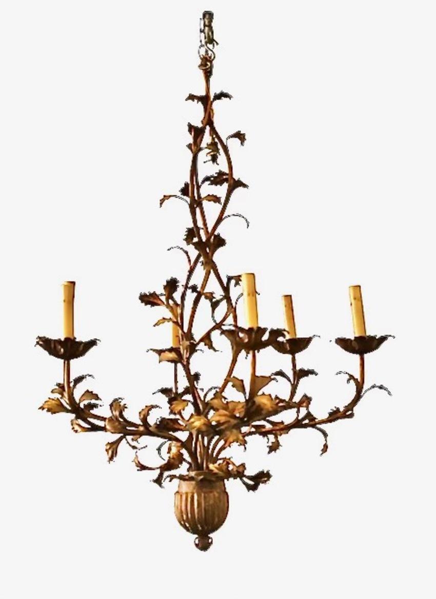 French Gilt Tole Leaf Chandelier For Sale