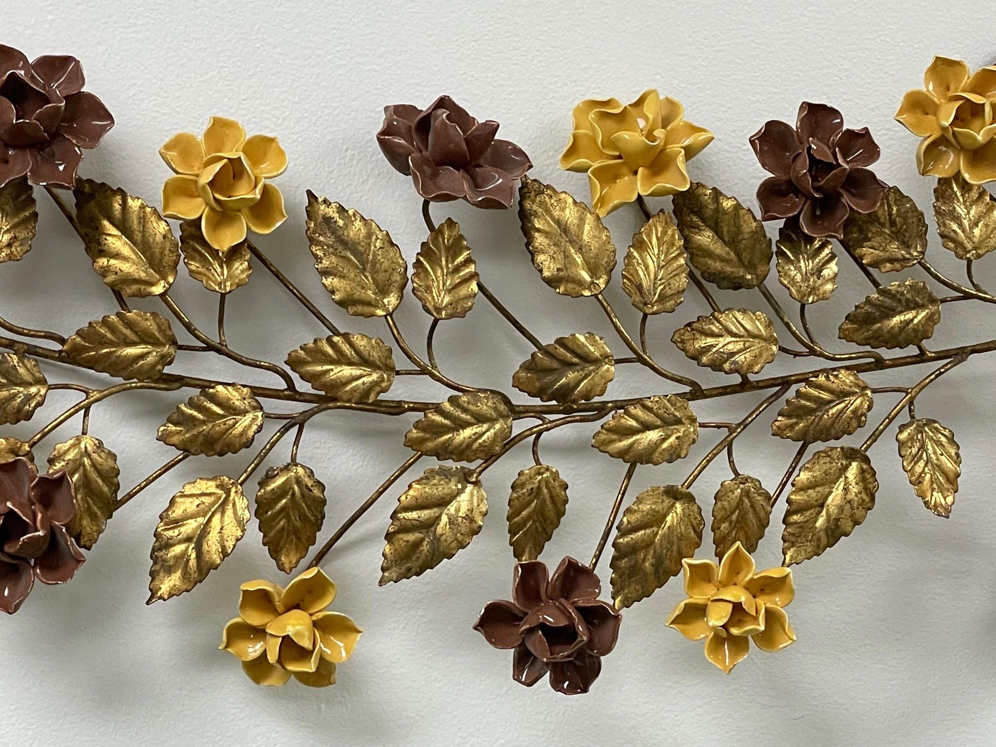 Hollywood Regency Gilt Tole Metal and Ceramic Rose Vine Wall Hanging