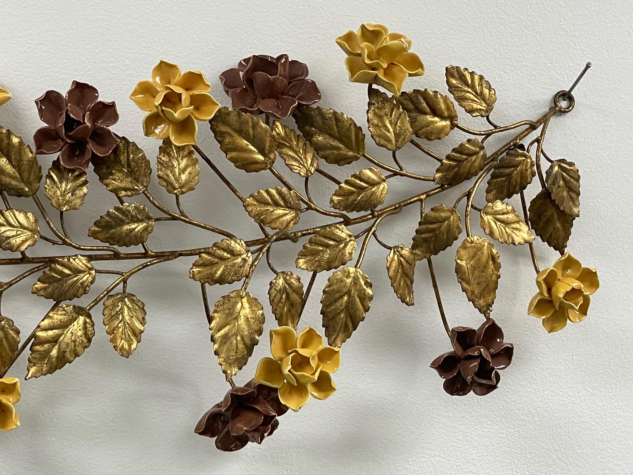 Italian Gilt Tole Metal and Ceramic Rose Vine Wall Hanging For Sale