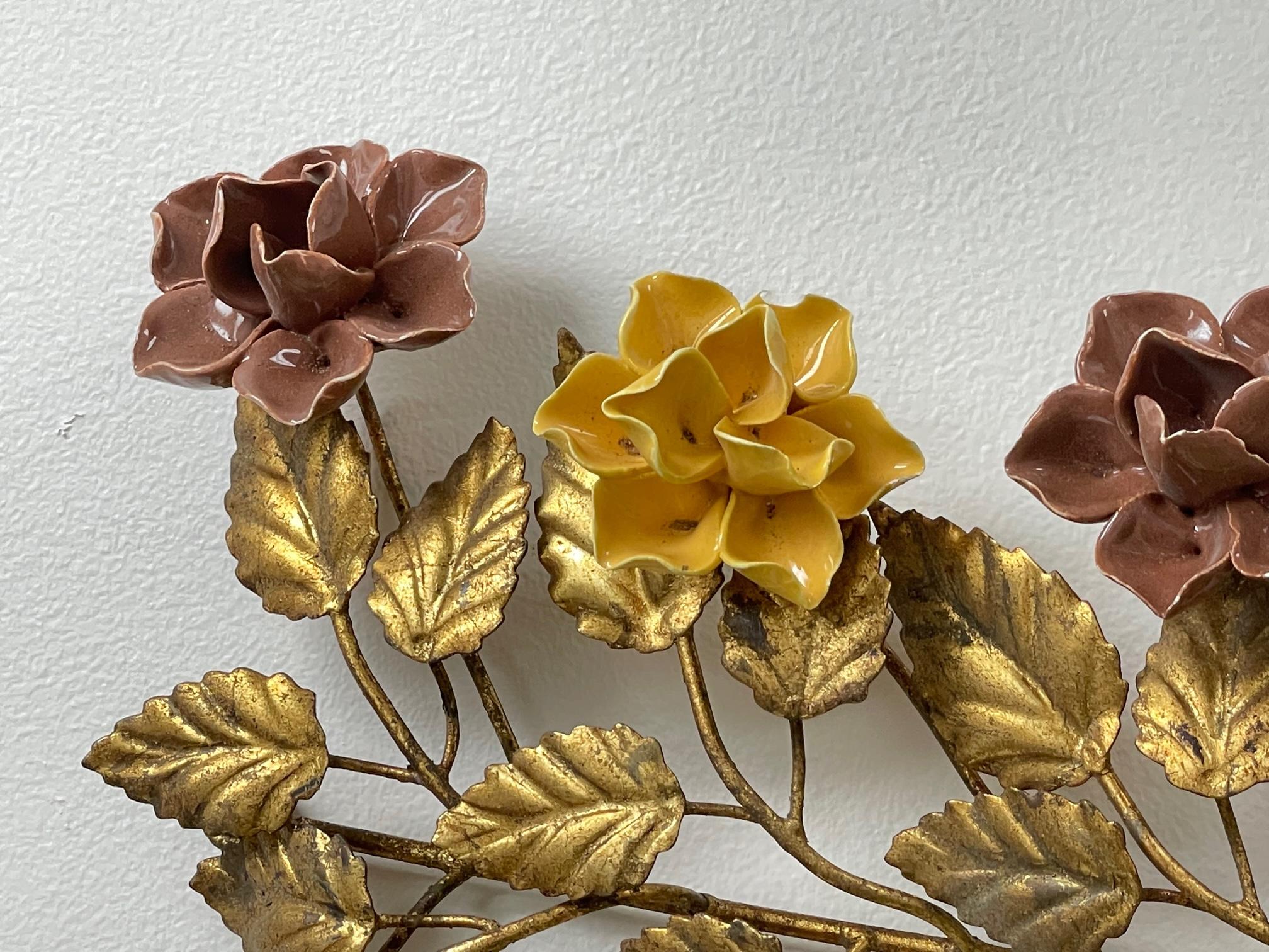 Italian Gilt Tole Metal and Ceramic Rose Vine Wall Hanging For Sale