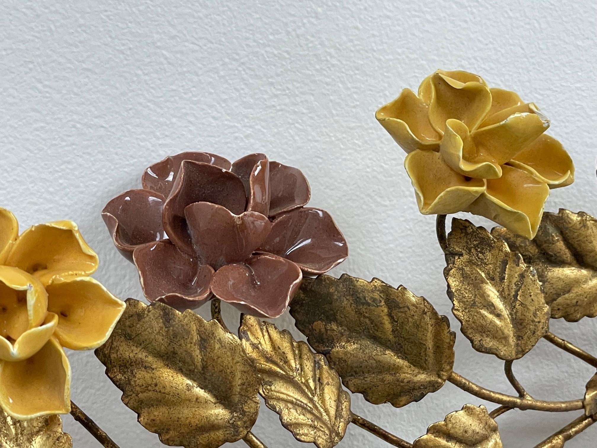 20th Century Gilt Tole Metal and Ceramic Rose Vine Wall Hanging