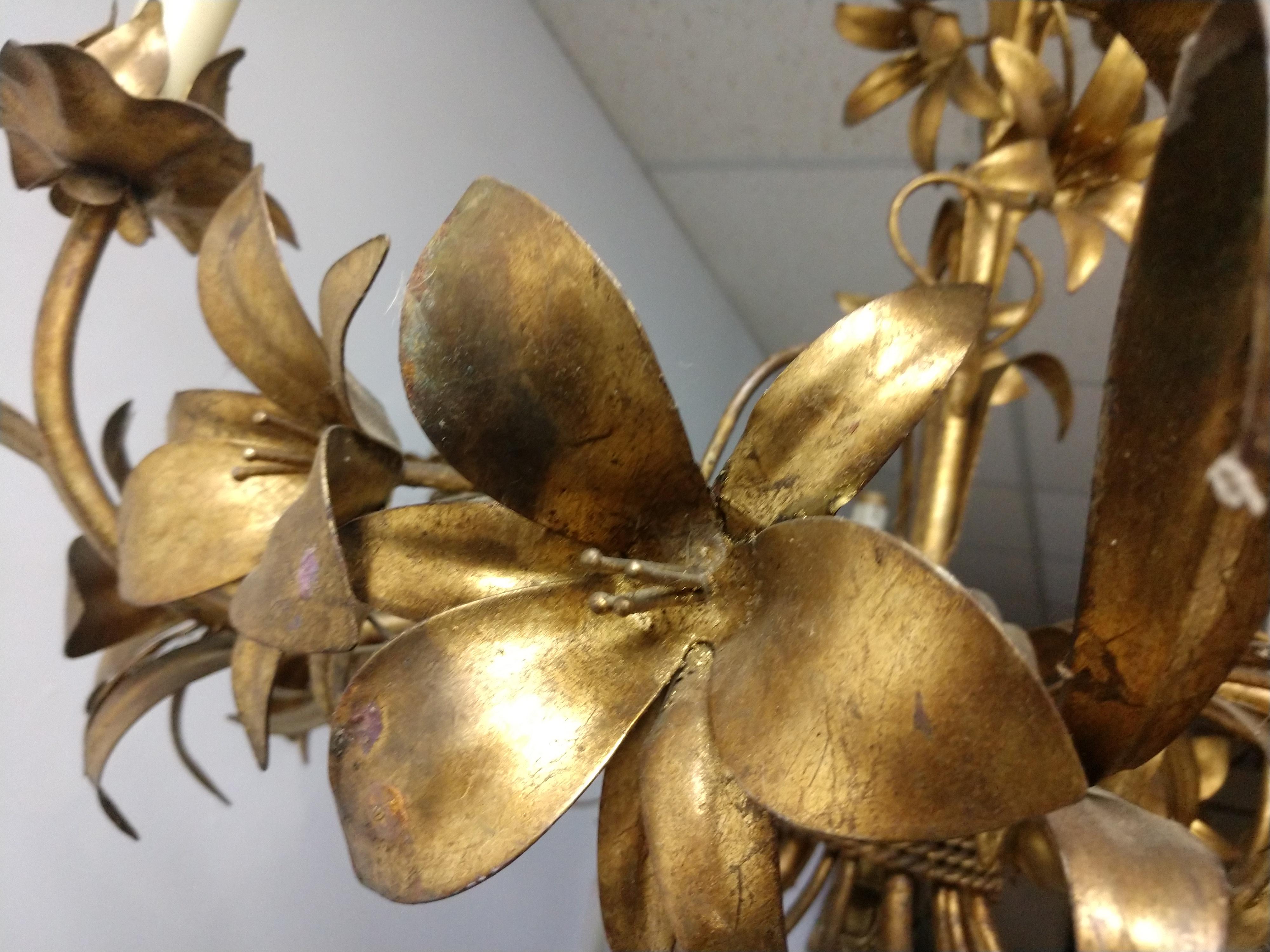 Hollywood Regency Gilt Tole Ware Flowers & Leaves Mid Century Chandelier Italy