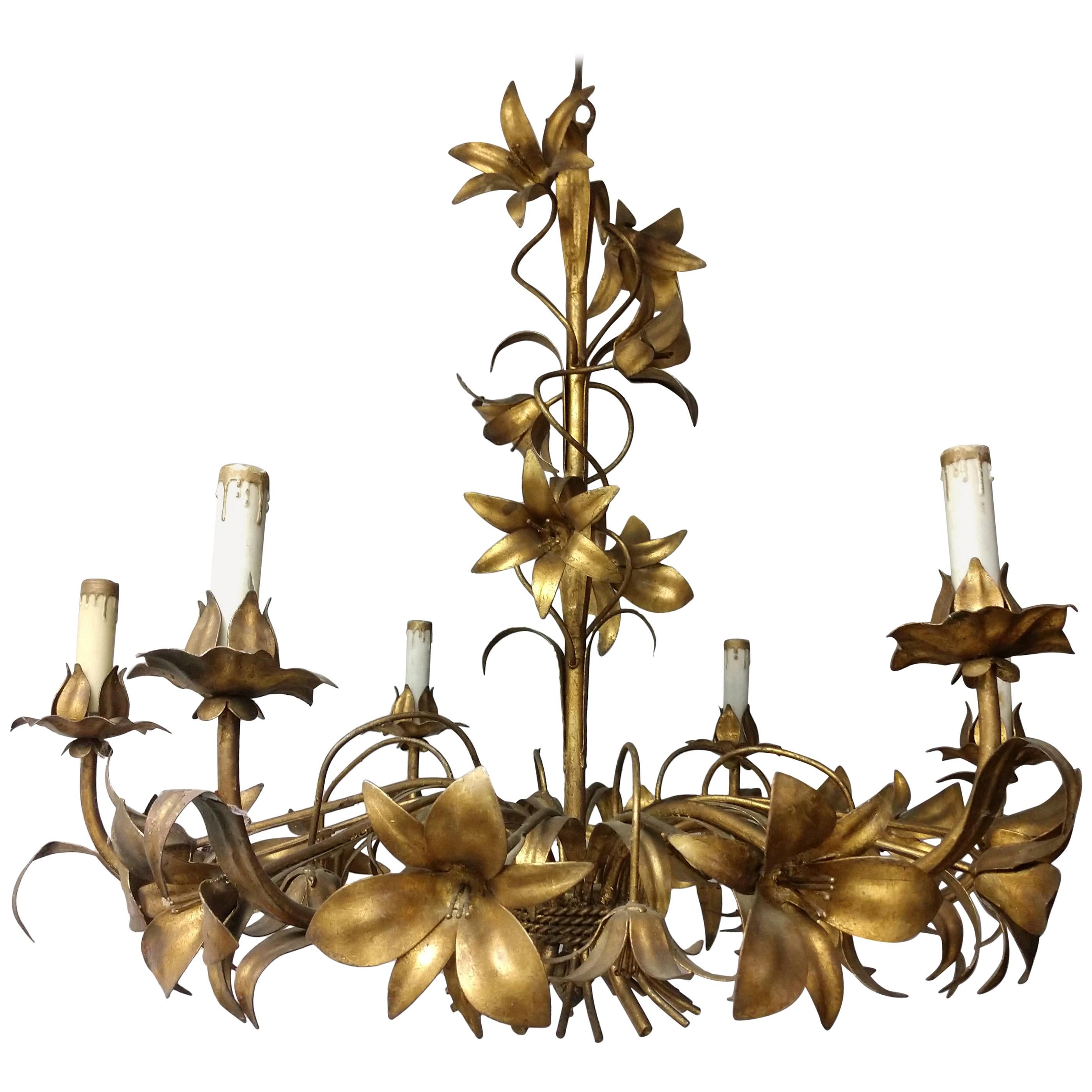 Gilt Tole Ware Flowers & Leaves Mid Century Chandelier Italy