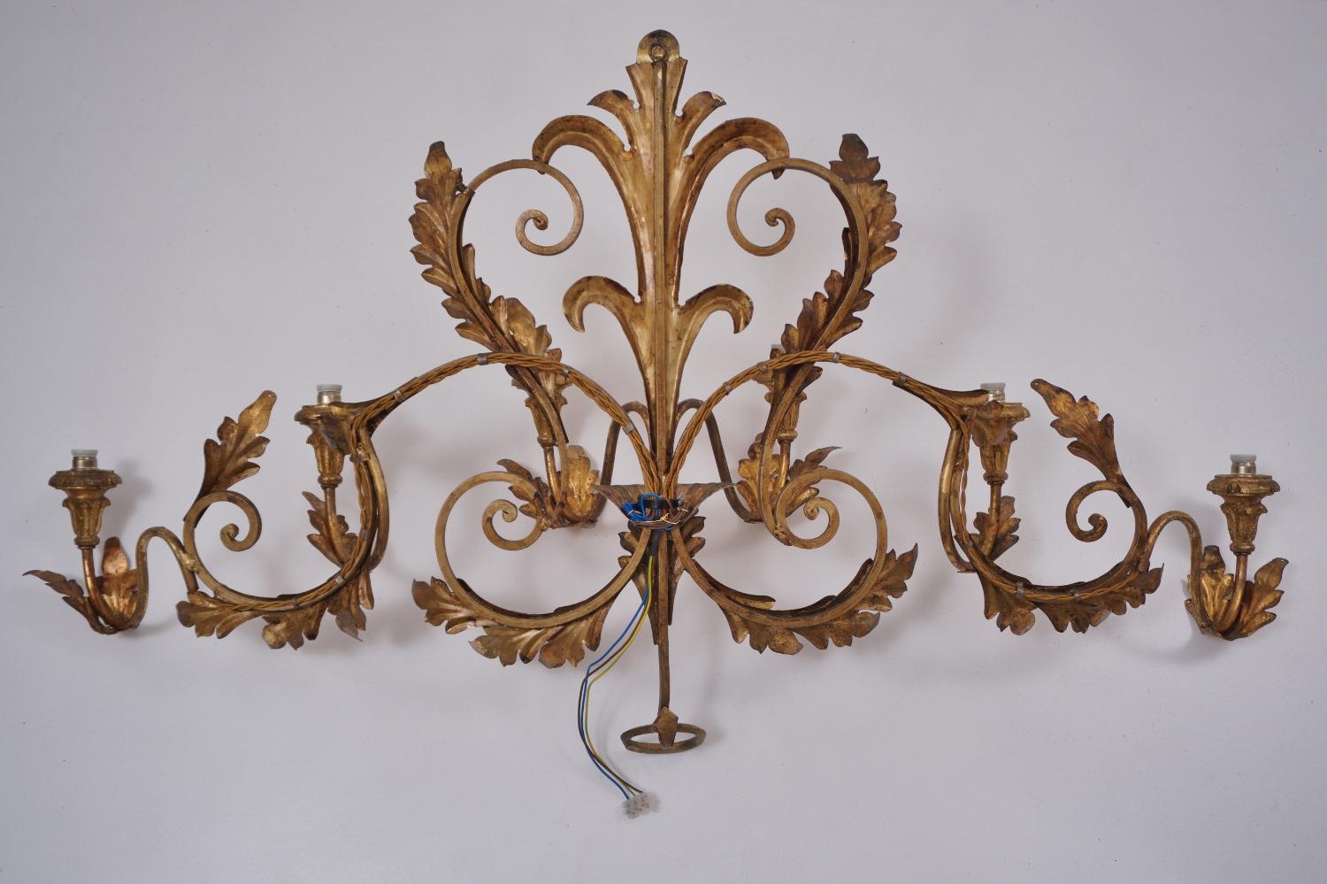Gilt Tone Sconce, Large 120cm and 6 Lights with Crystals, circa 1950s, Italian For Sale 3