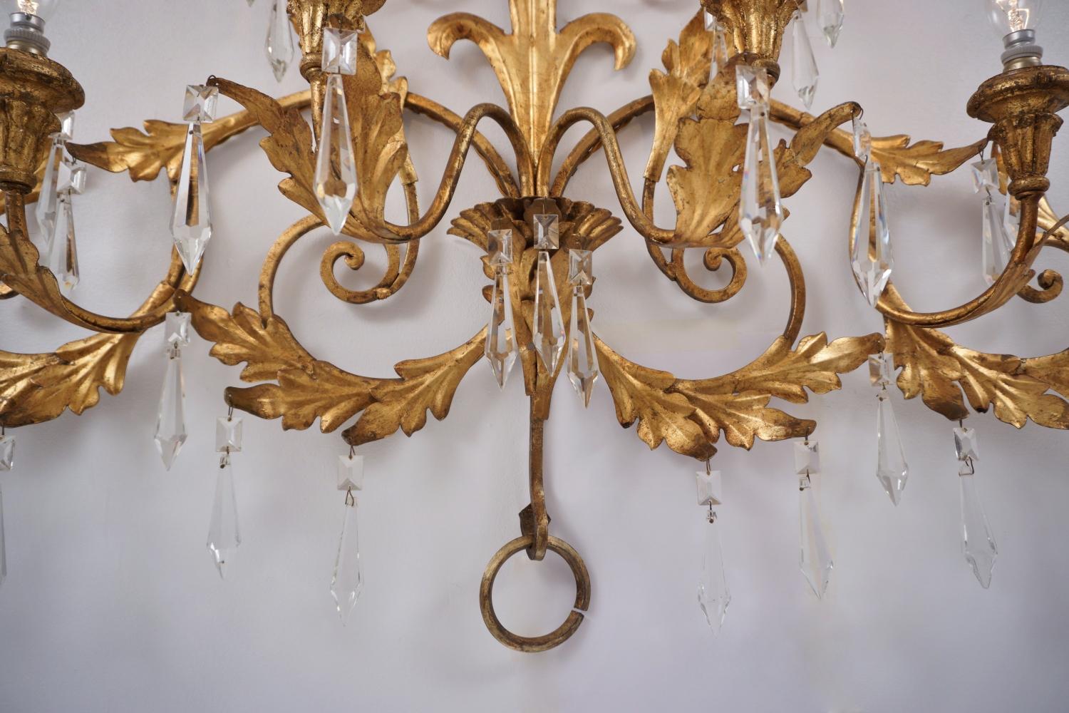 Mid-20th Century Gilt Tone Sconce, Large 120cm and 6 Lights with Crystals, circa 1950s, Italian For Sale