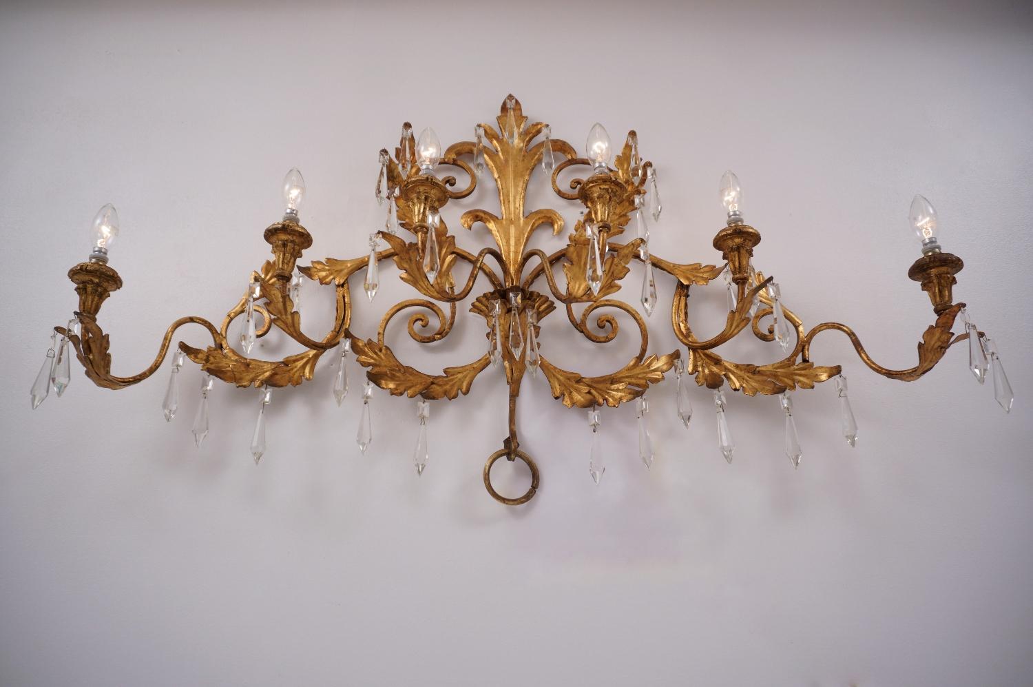 Gold Plate Gilt Tone Sconce, Large 120cm and 6 Lights with Crystals, circa 1950s, Italian For Sale