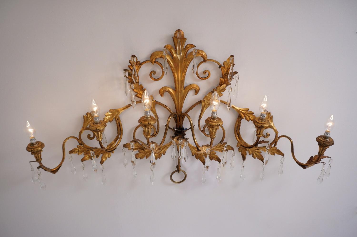 Gilt Tone Sconce, Large 120cm and 6 Lights with Crystals, circa 1950s, Italian For Sale 1
