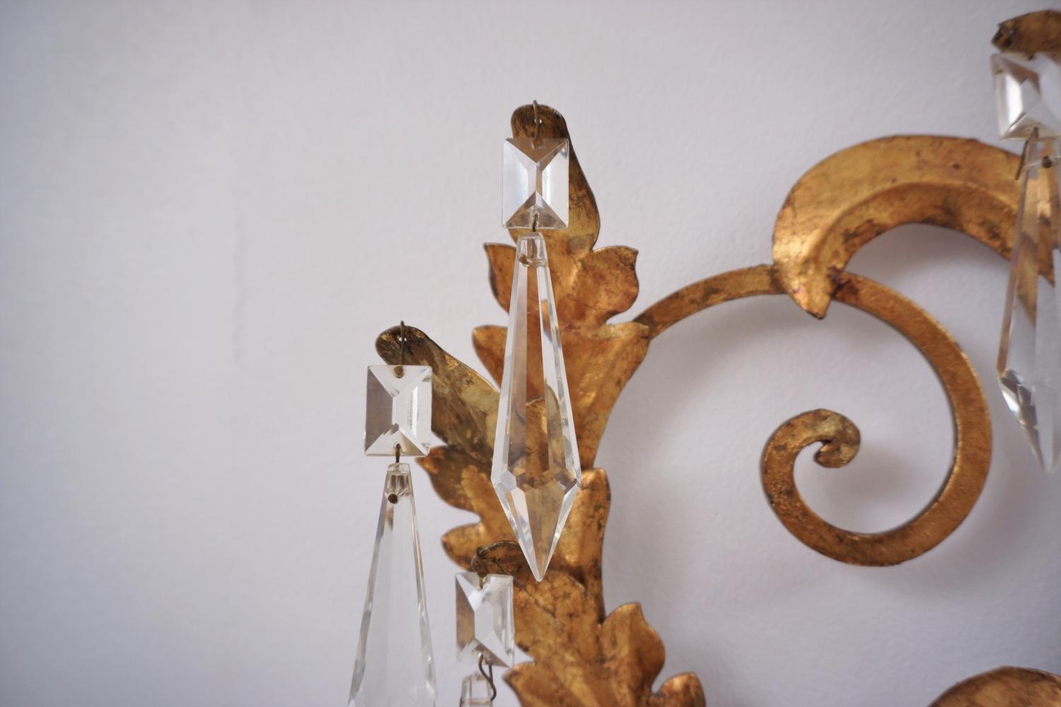 Gilt Tone Sconce, Large 120cm and 6 Lights with Crystals, circa 1950s, Italian For Sale 2