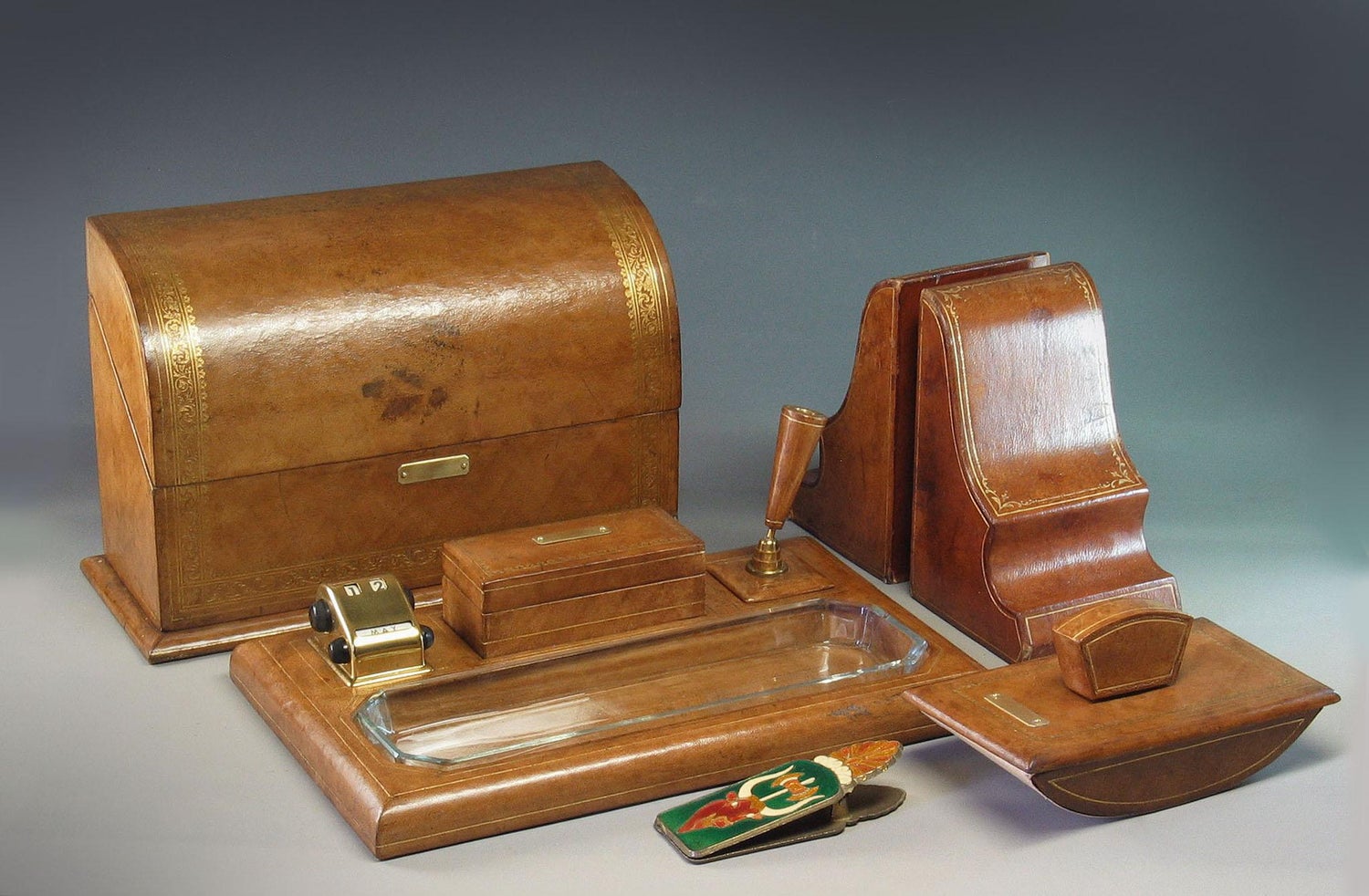 Gilt Tooled Leather Desk Accessories Italian Or French 20th Century For Sale At 1stdibs