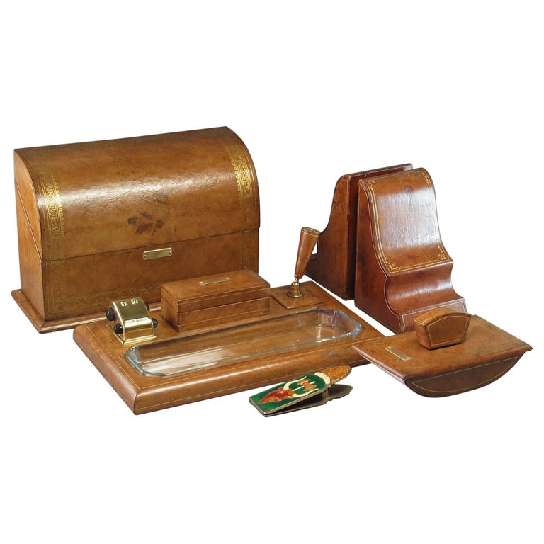 Gilt Tooled Leather Desk Accessories Italian or French, 20th Century at