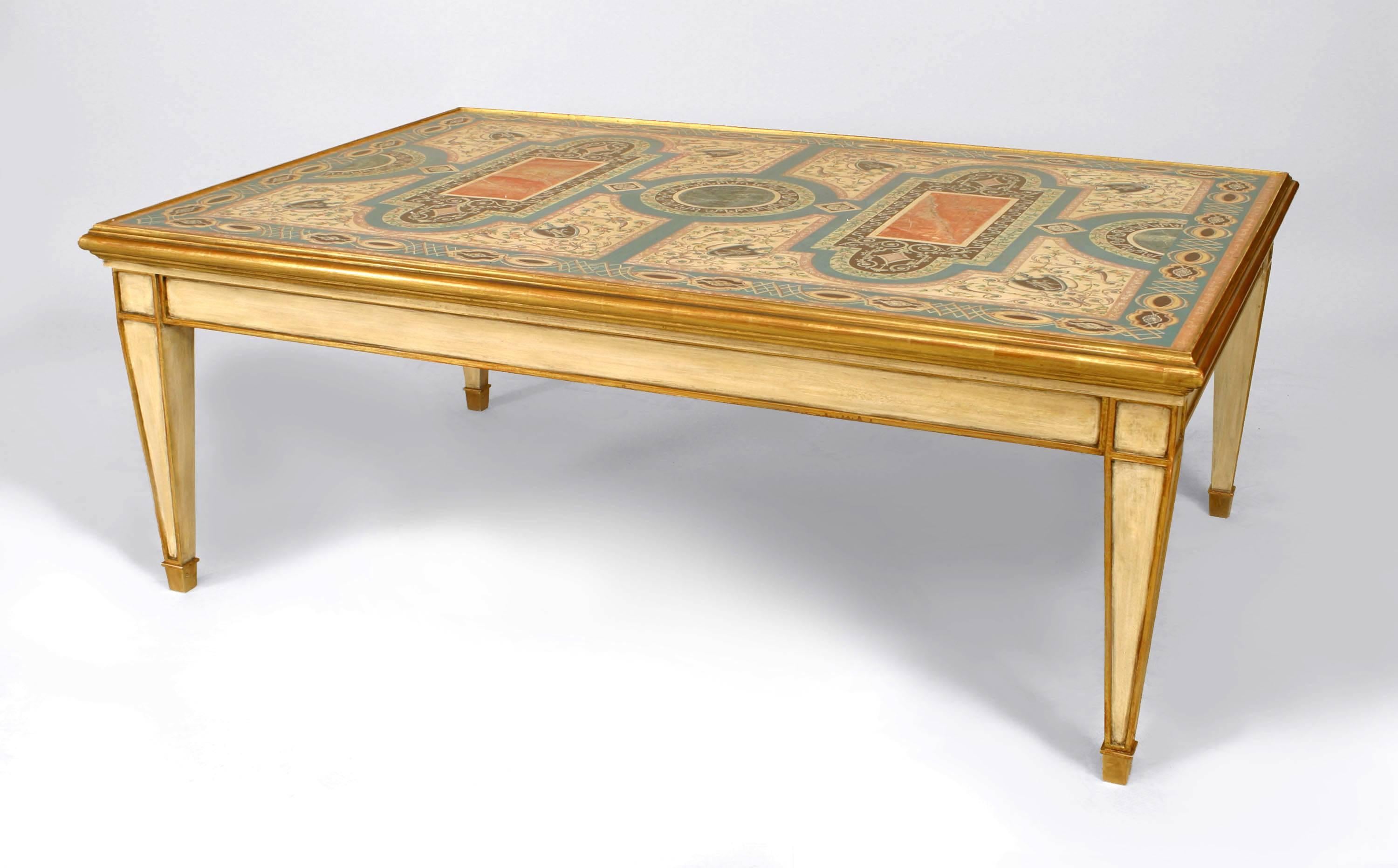 Italian Venetian-style rectangular coffee table with a Pair of 18th Century decoratively painted panels inset in a modern off-white and gilt trimmed base with tapered square legs.
