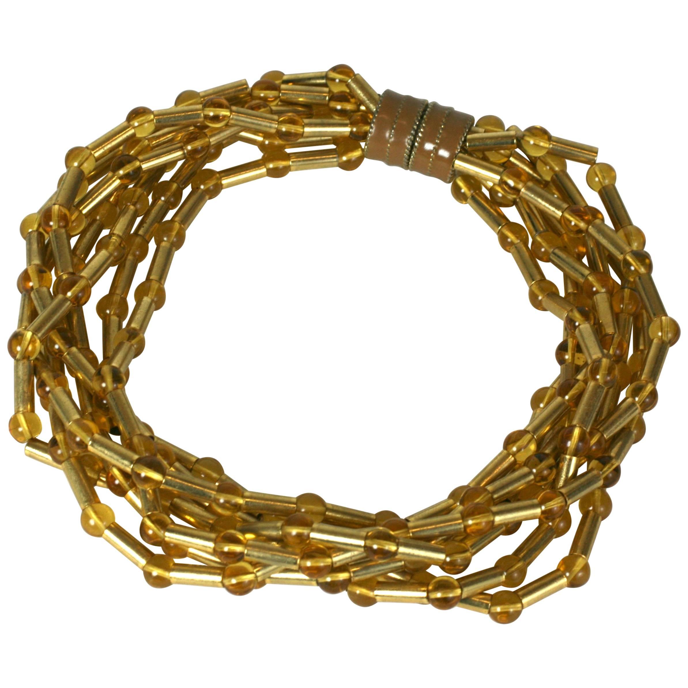 Gilt Tube and Citrine Bead Necklace For Sale