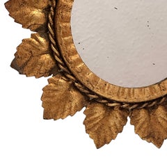 Gilt Vine Leaves Hollywood Regency Starburst Mirror, Toleware Tole 1960s Italy