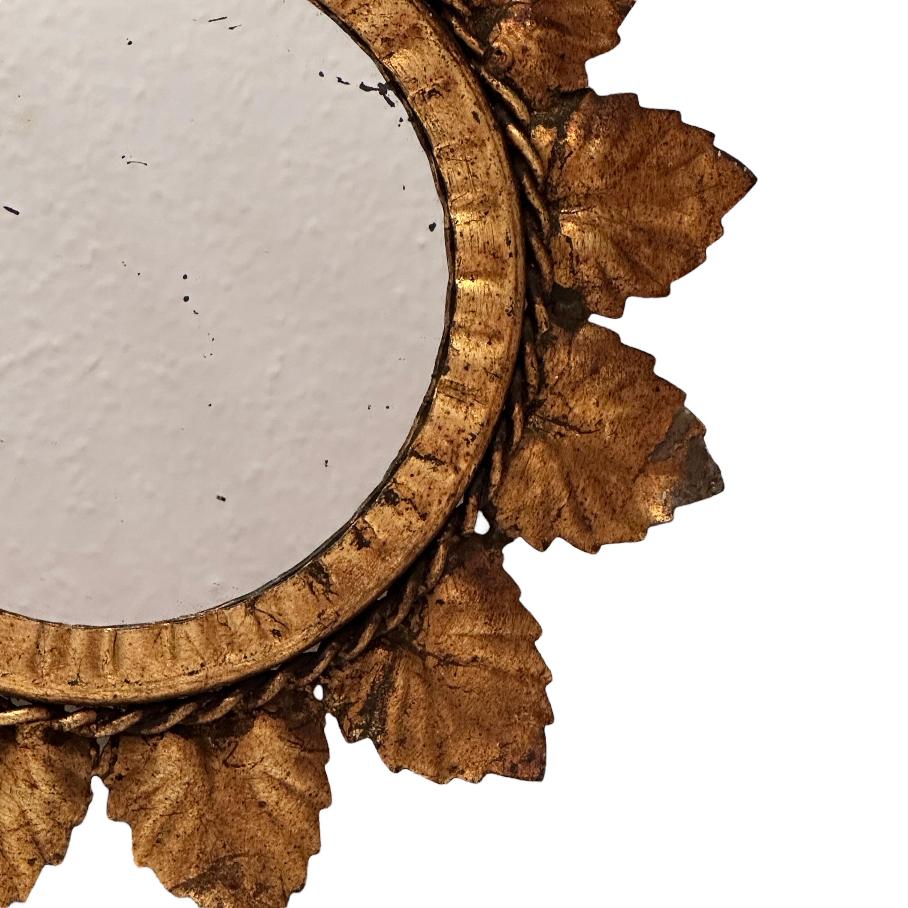 Italian Gilt Vine Leaves Hollywood Regency Starburst Mirror, Toleware Tole 1960s Italy For Sale