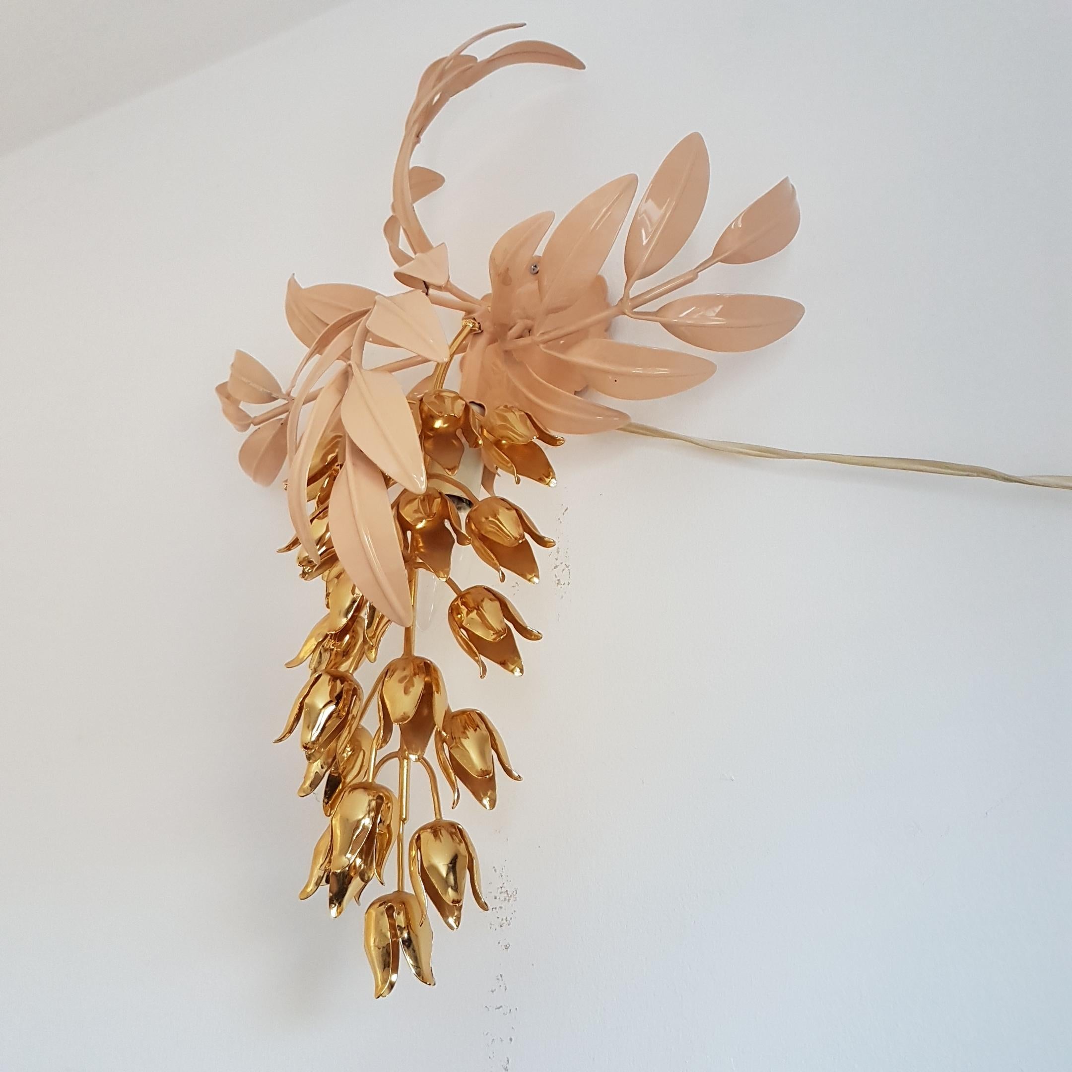 German Gilt Wall Lamp with Wisteria Flowers by Hans Kögl for Unknown, 1970s For Sale