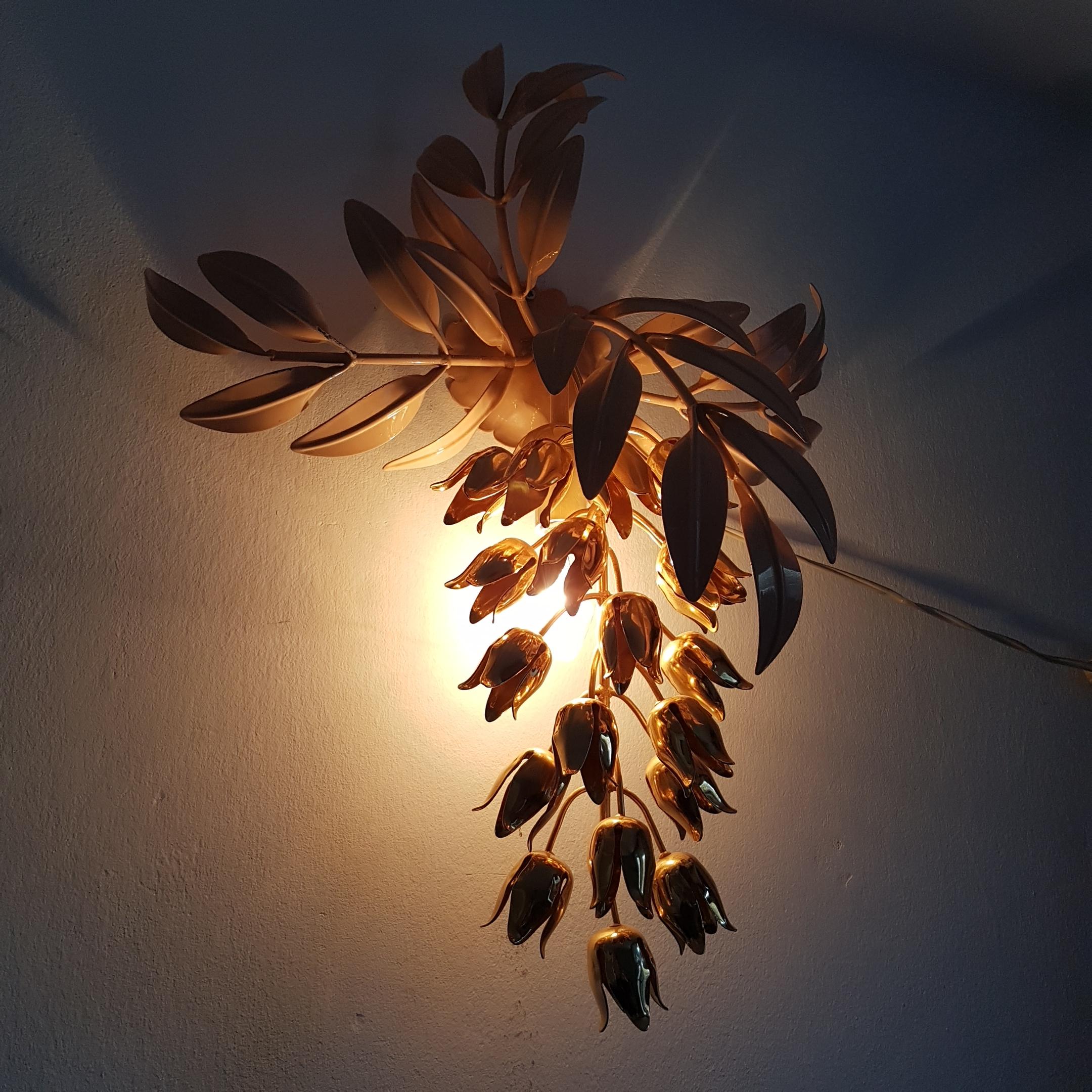 Late 20th Century Gilt Wall Lamp with Wisteria Flowers by Hans Kögl for Unknown, 1970s For Sale