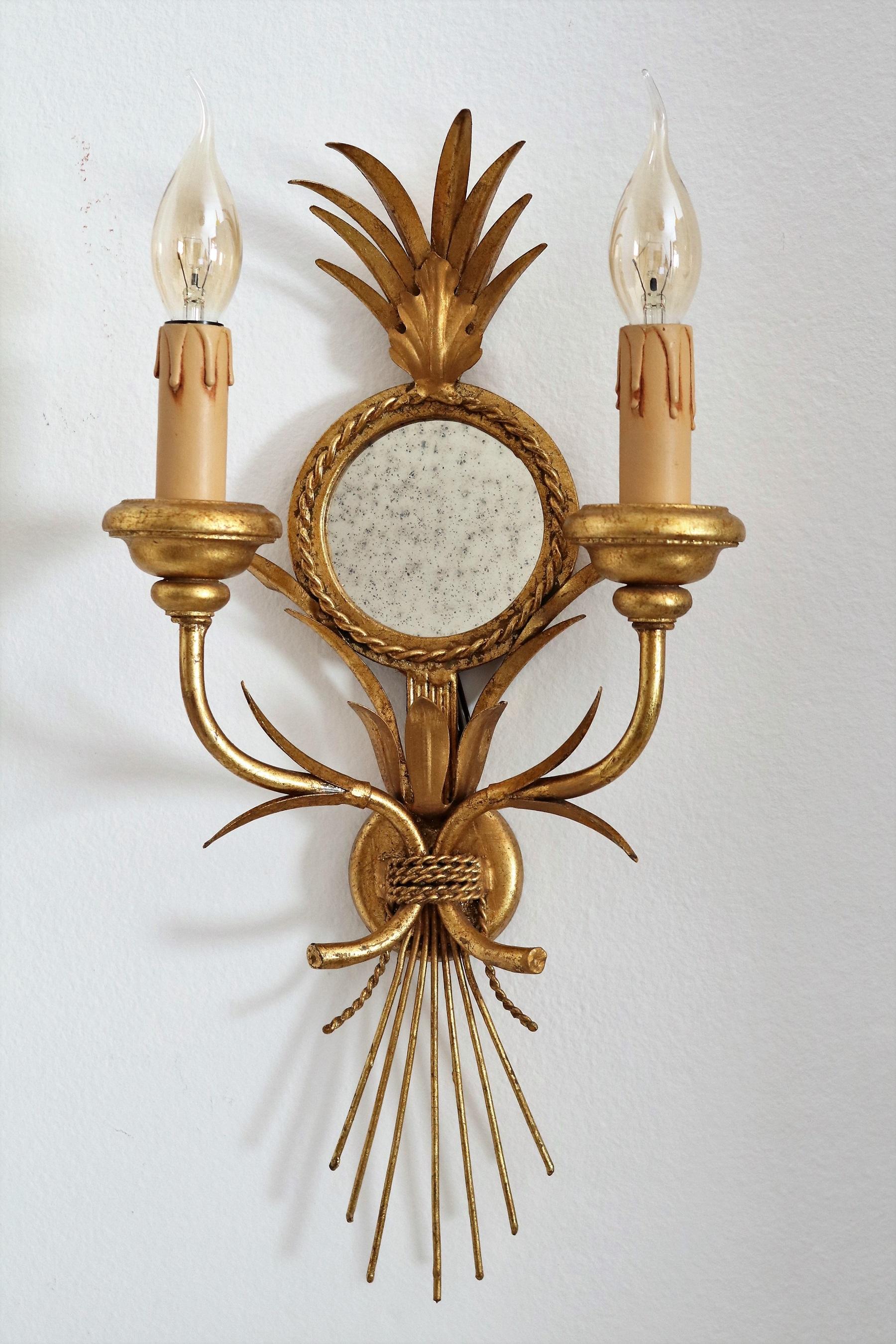 Mid-Century Modern Gilt Wall Sconces with Antique Mirror and Leaves by Kögl, 1970s, Set of Three For Sale