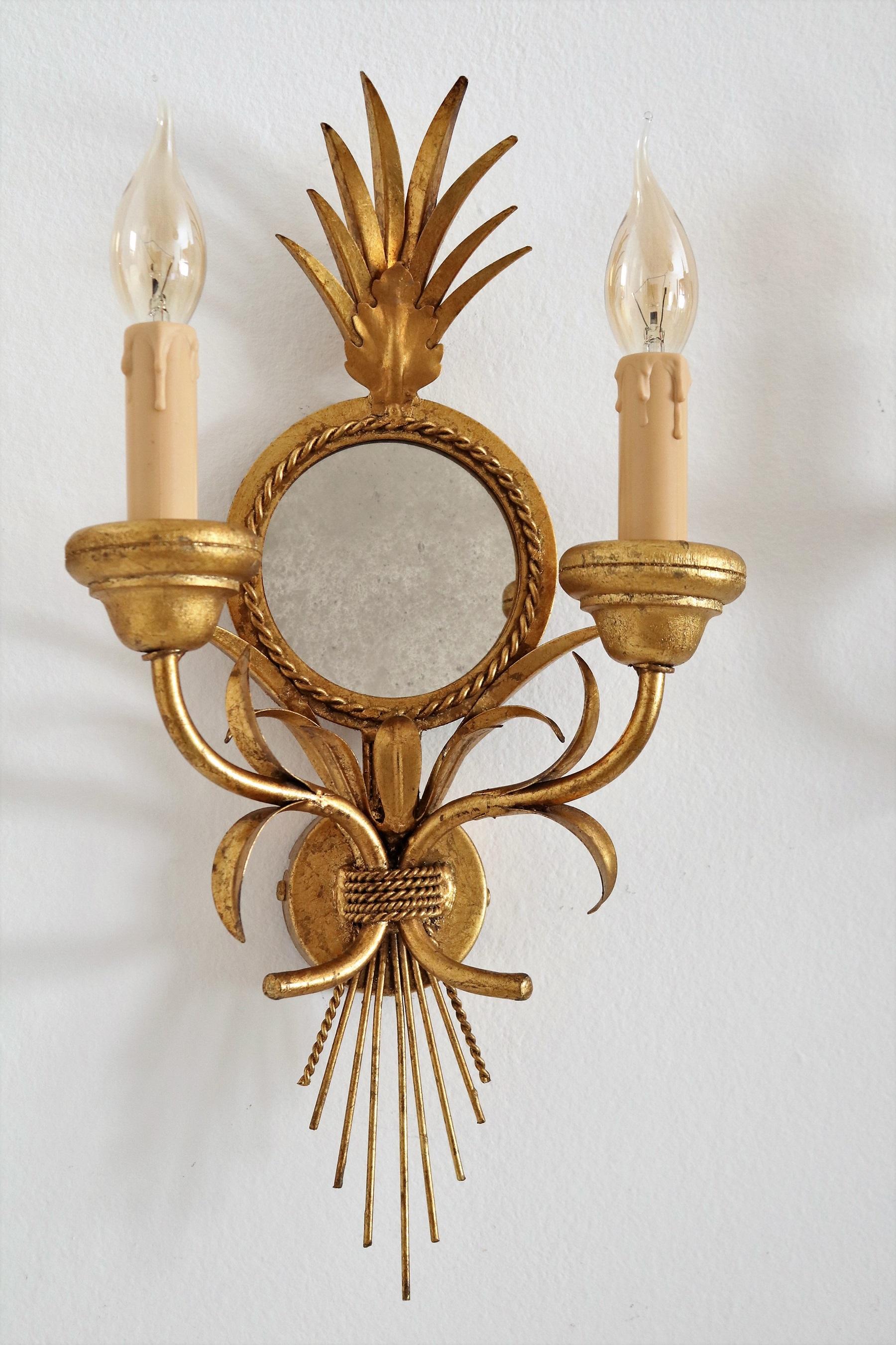 German Gilt Wall Sconces with Antique Mirror and Leaves by Kögl, 1970s, Set of Three For Sale