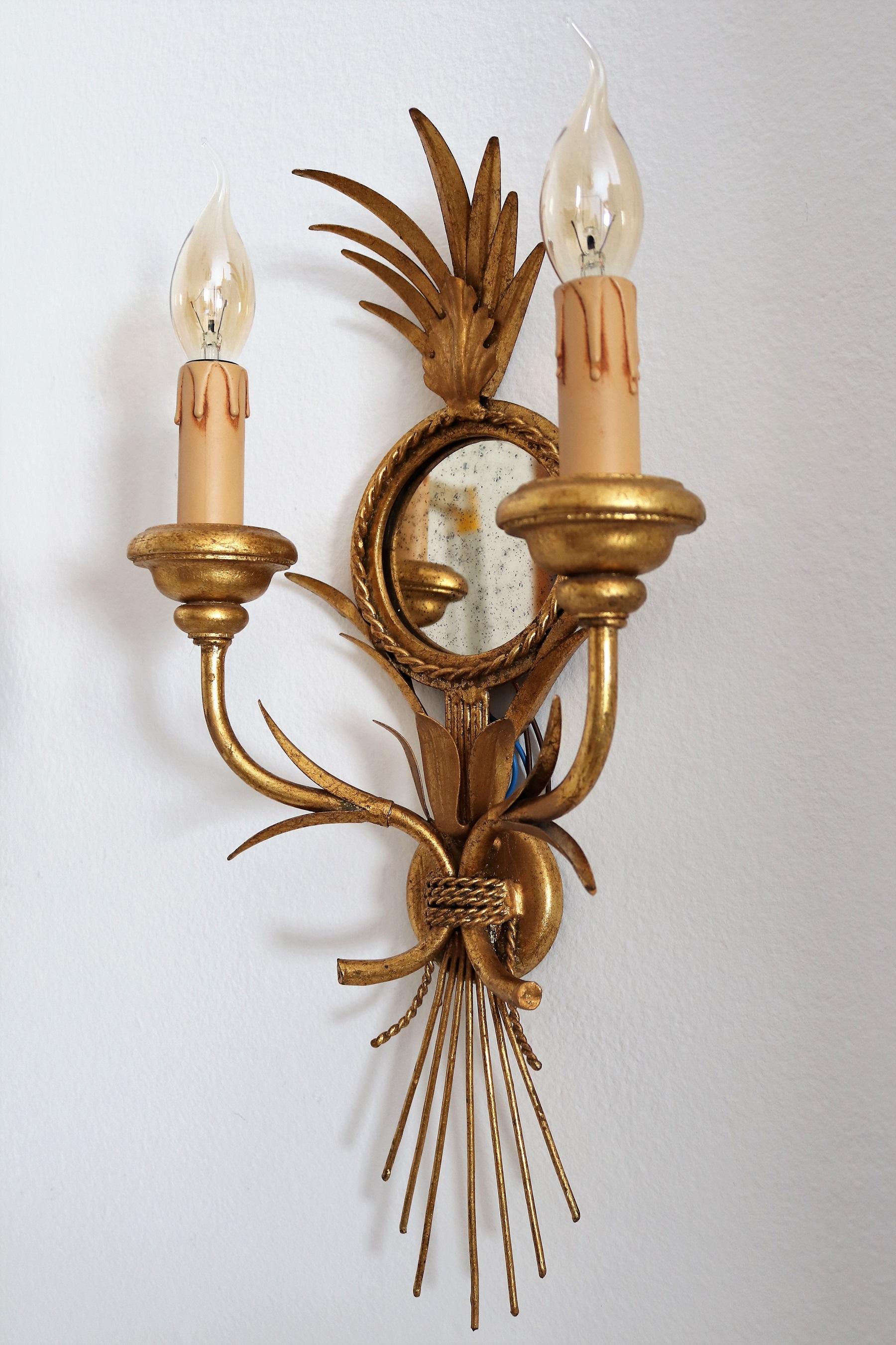 Metal Gilt Wall Sconces with Antique Mirror and Leaves by Kögl, 1970s, Set of Three For Sale