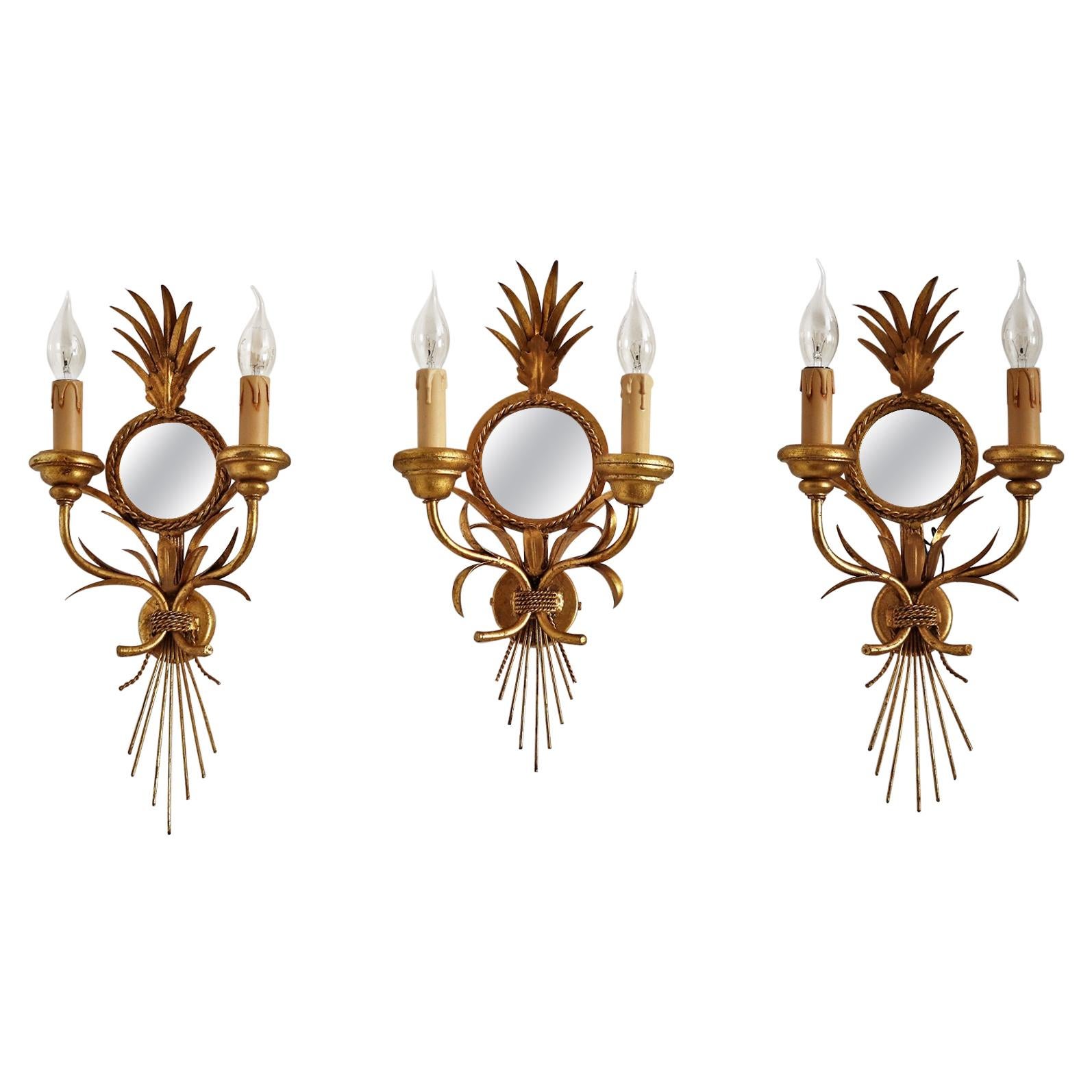 Gilt Wall Sconces with Antique Mirror and Leaves by Kögl, 1970s, Set of Three For Sale