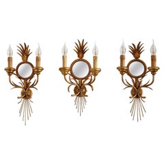 Gilt Wall Sconces with Antique Mirror and Leaves by Kögl, 1970s, Set of Three