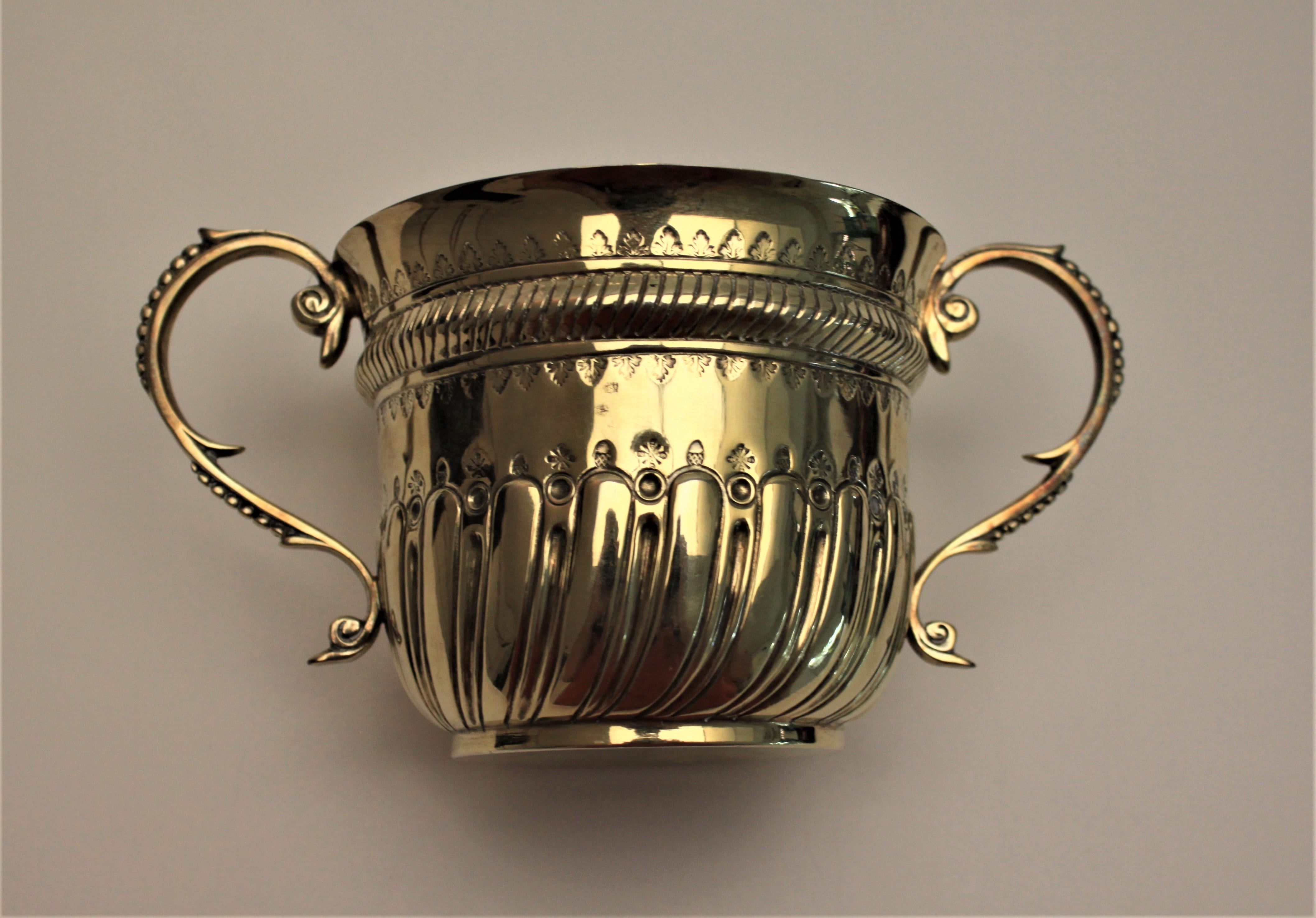 English Gilt Washed Sterling Silver Loving Cup & Spoon or Porringer with Fitted Case