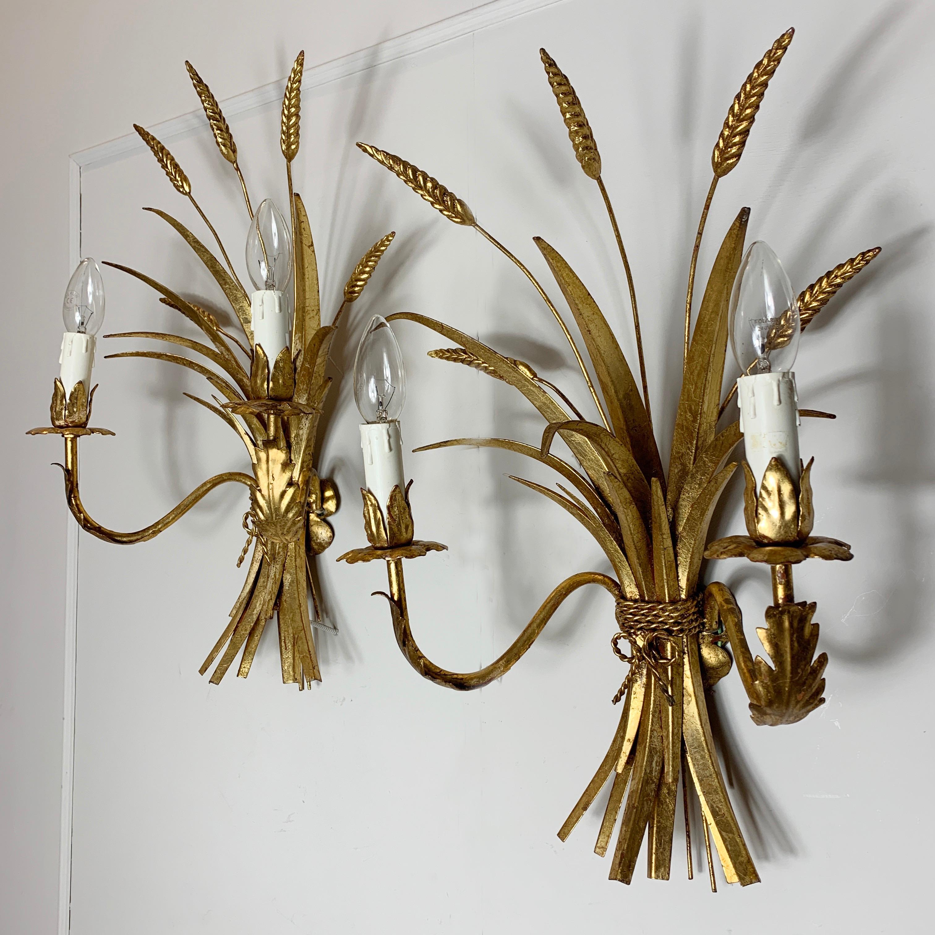 Gilt wheat sheaf wall sconce's, circa 1970s
Large full pair of wheatsheaf and leaf wall sconce's
Bright original gilt leaf finish
Measures: 58cm height, 36cm width 21cm depth
2 lamp holders on each light, e14 small screw in bulbs
Pat