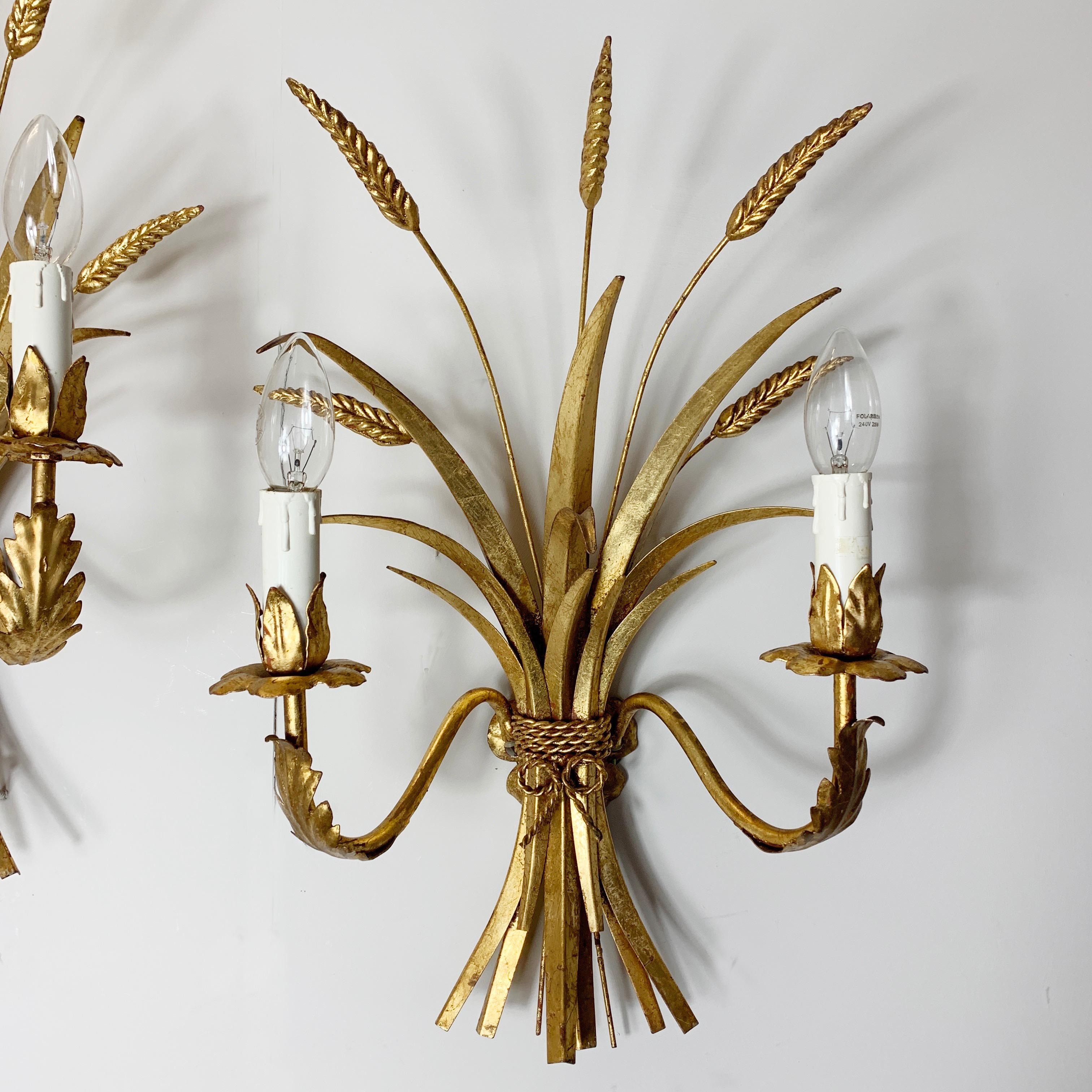 French Gilt Wheat Sheaf Wall Sconce's, circa 1970s