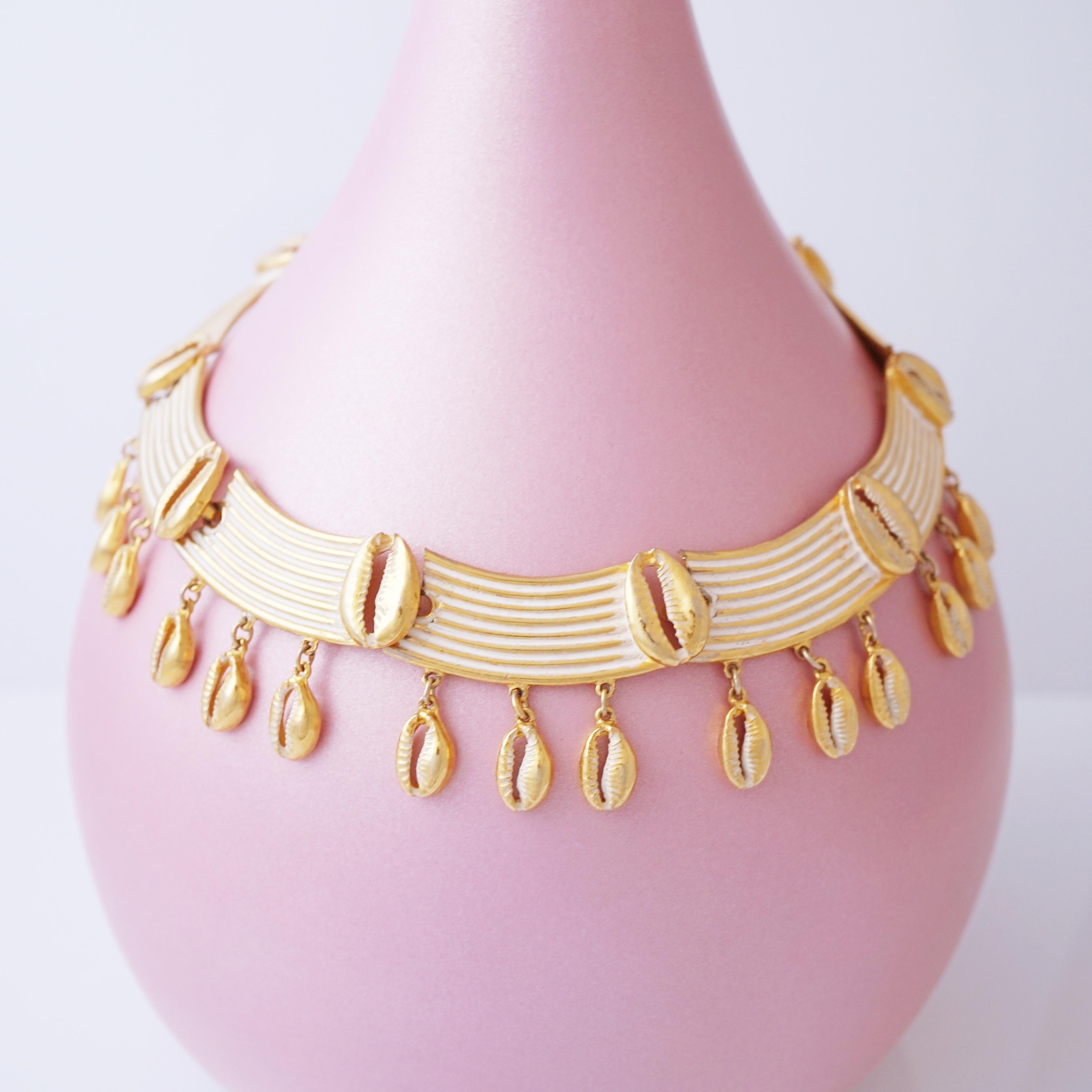 Modern Gilt & White Enamel Seashell Dangle Choker Necklace By Frederick Mosell, 1960s For Sale
