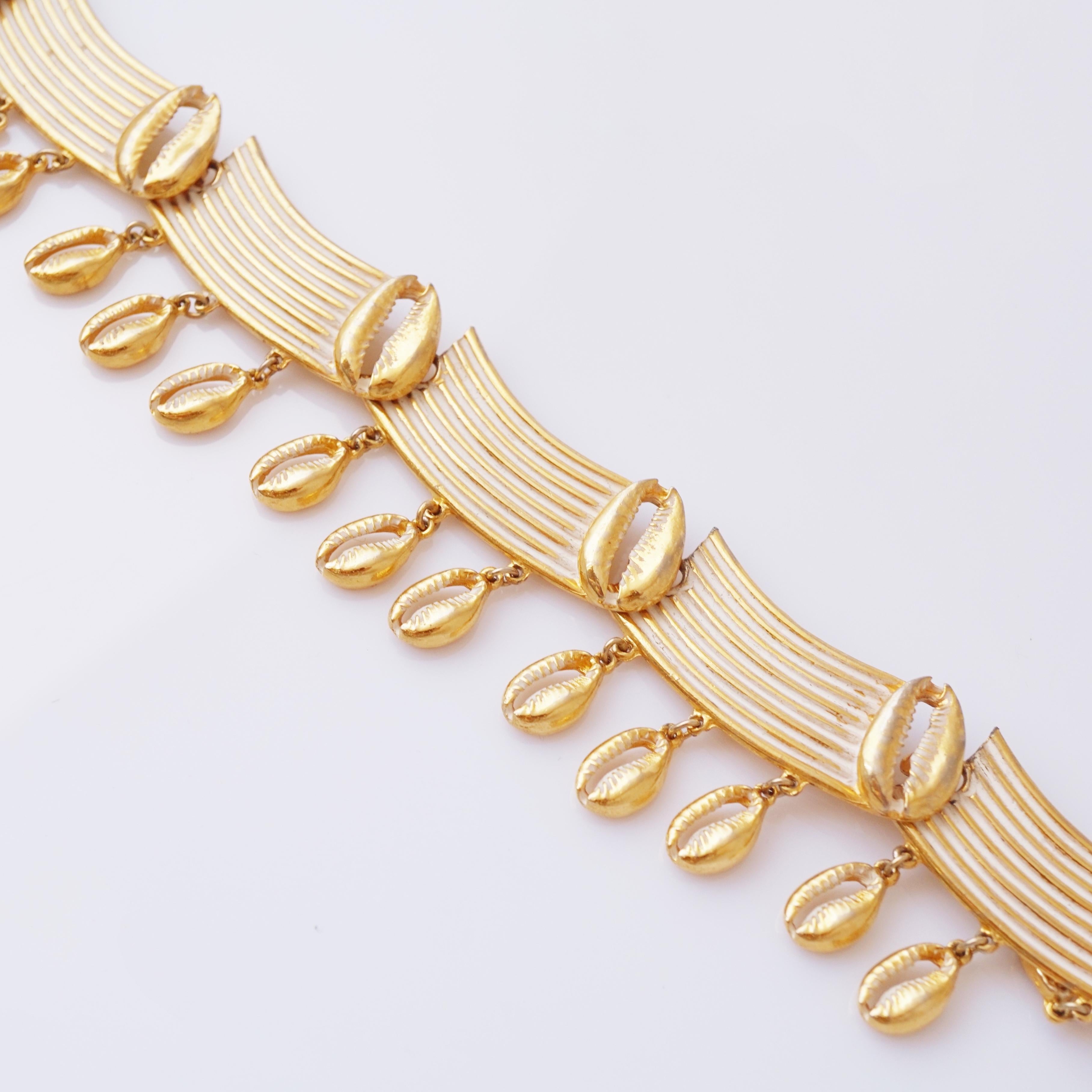 Women's Gilt & White Enamel Seashell Dangle Choker Necklace By Frederick Mosell, 1960s For Sale