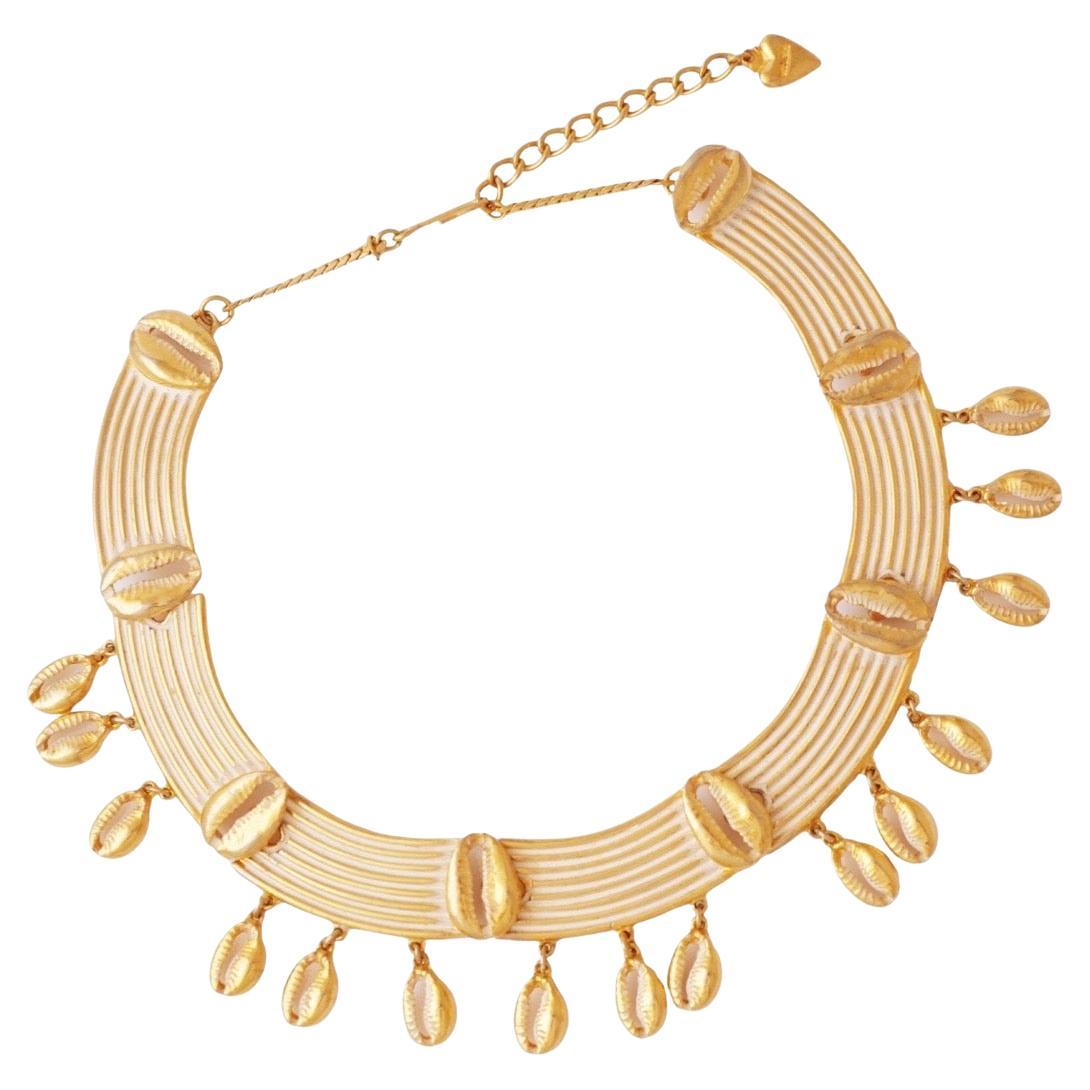 Gilt & White Enamel Seashell Dangle Choker Necklace By Frederick Mosell, 1960s For Sale