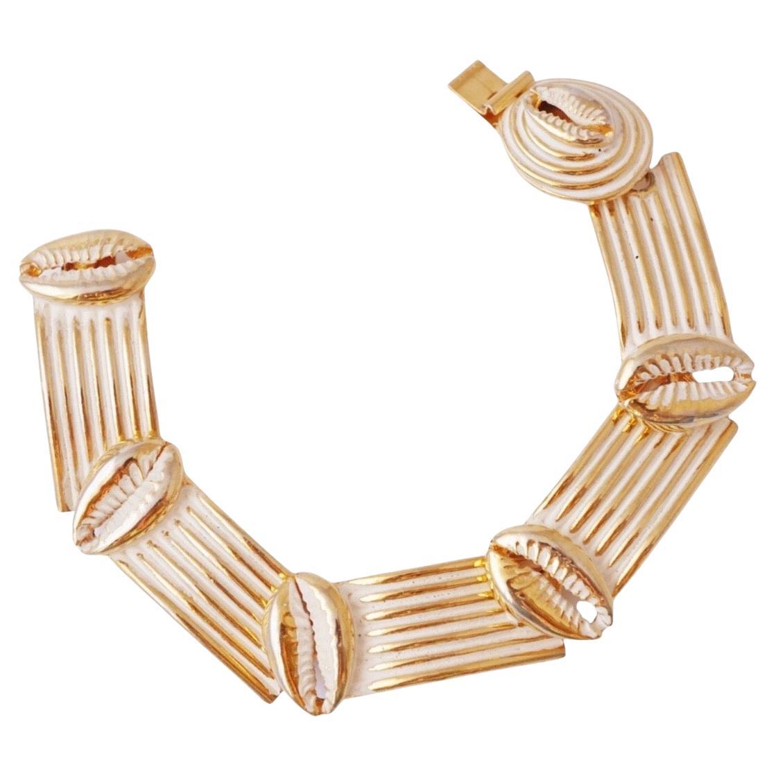 Pulsera de eslabones de concha dorada y esmalte blanco de Frederick Mosell, años 60 en venta