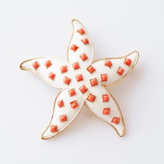 Gilt & White Enamel Starfish Brooch With Coral Cabochons By Crown Trifari, 1960s