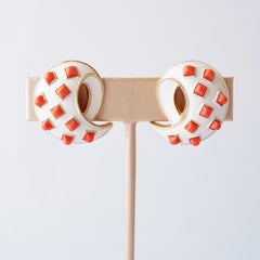 Gilt & White Enamel Swirl Earrings With Coral Cabochons By Crown Trifari, 1960s