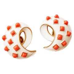 Gilt & White Enamel Swirl Earrings With Coral Cabochons By Crown Trifari, 1960s